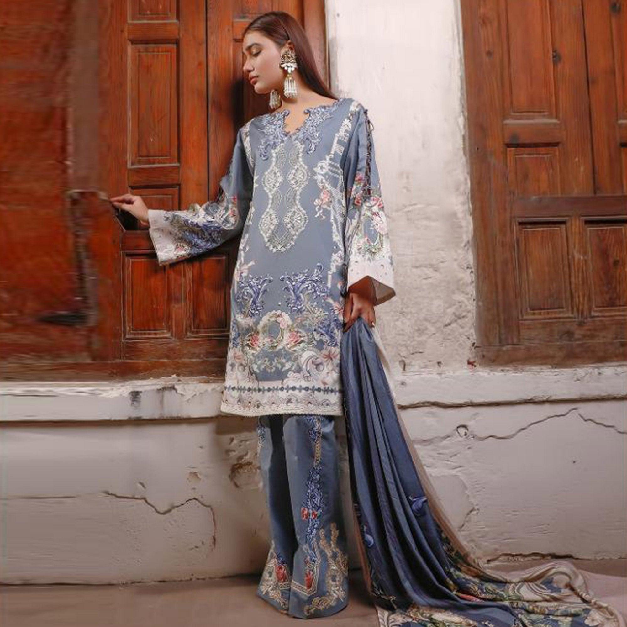 Charming Light Blue Colored Partywear Floral Printed Cotton Suit - Peachmode