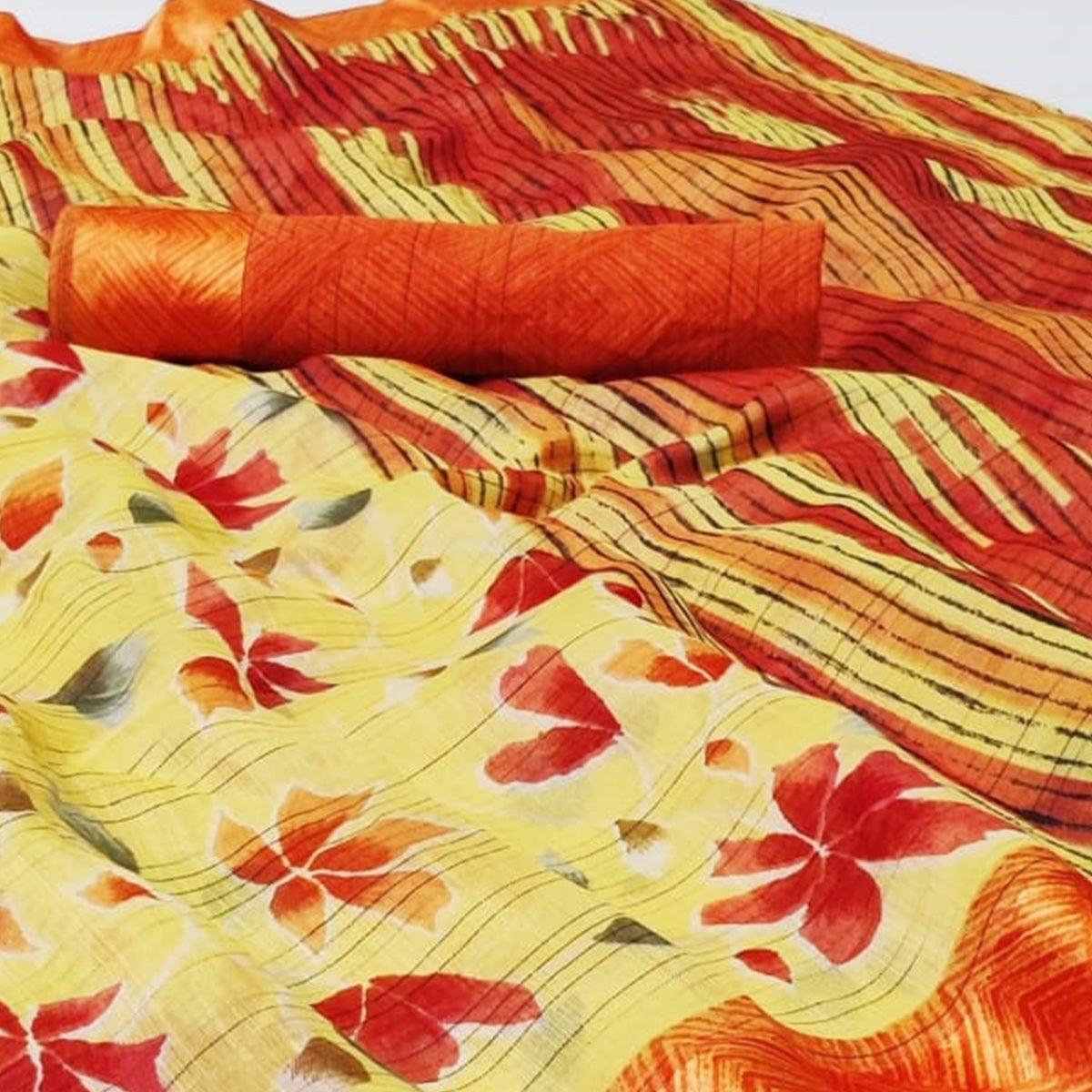 Charming Light Yellow Colored Casual Wear Floral Printed Linen Saree - Peachmode