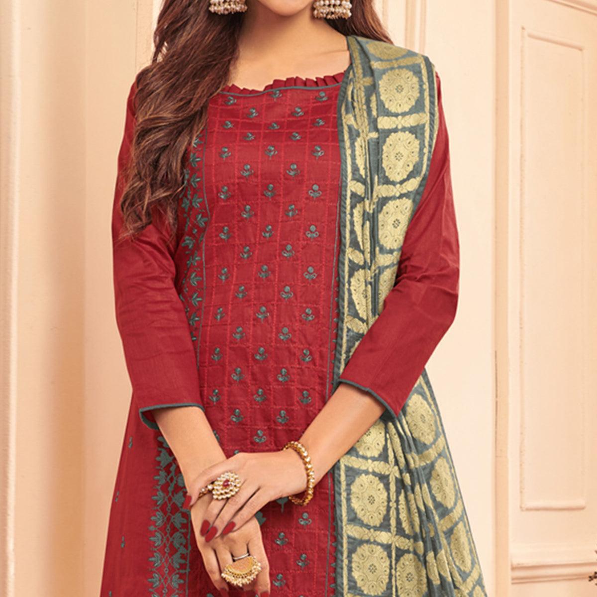 Charming Maroon Colored Casual Wear Embroidered Cotton Dress Material With Banarasi Silk Dupatta - Peachmode