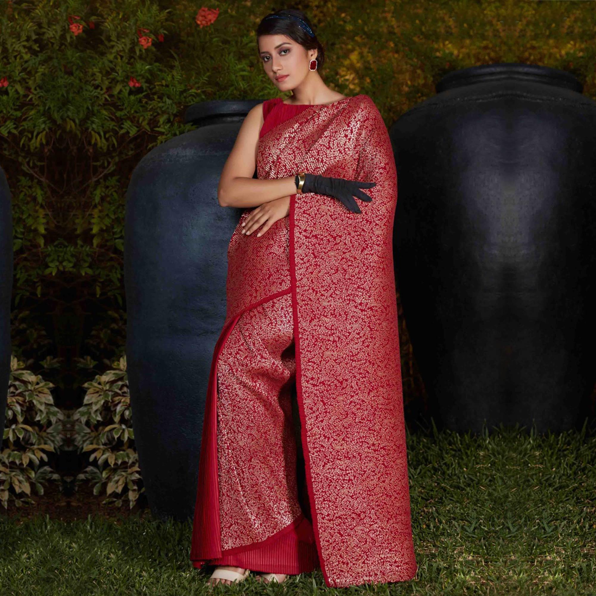 Charming Maroon Colored Party Wear Foil Print With Plitting Half- Half Silk Saree - Peachmode
