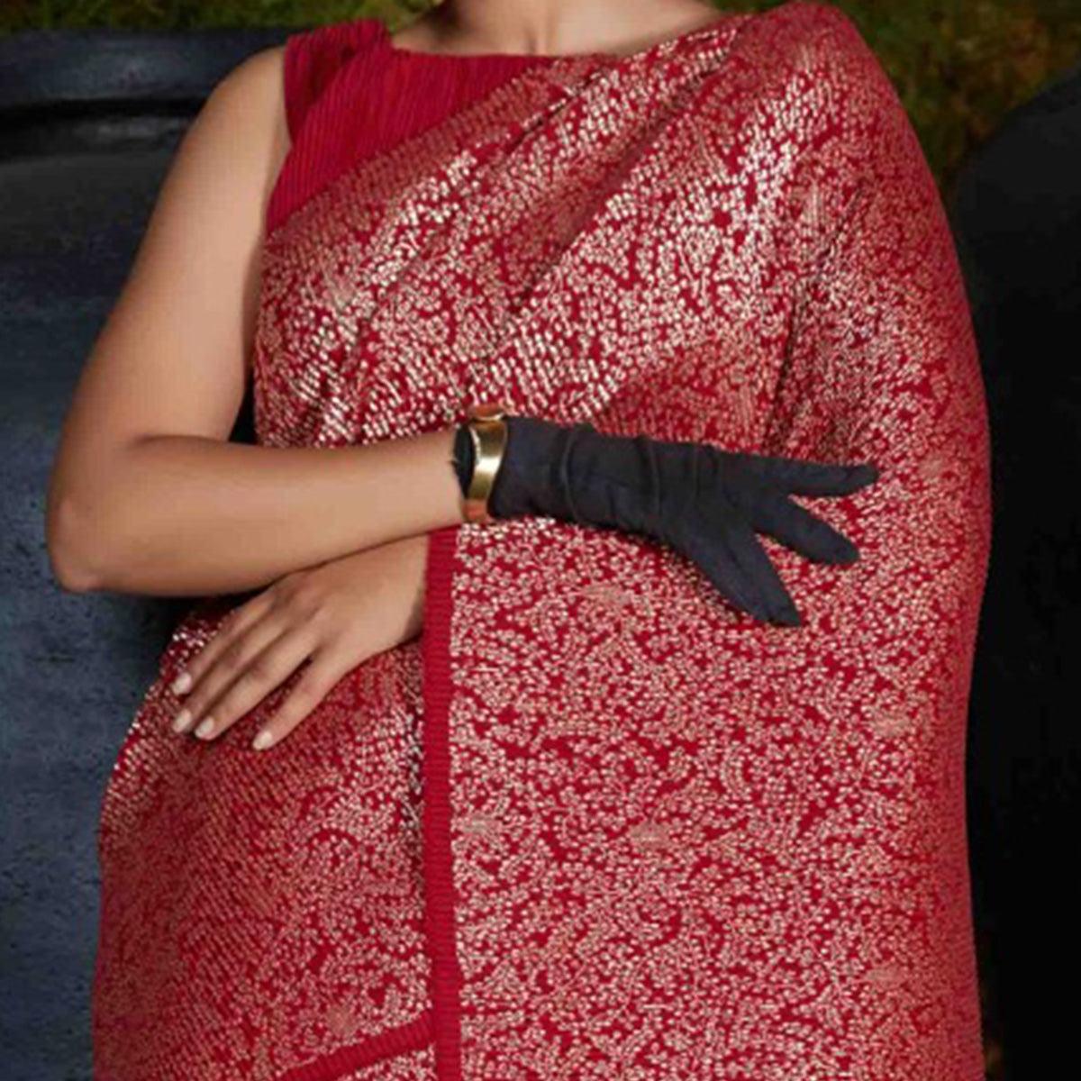Charming Maroon Colored Party Wear Foil Print With Plitting Half- Half Silk Saree - Peachmode