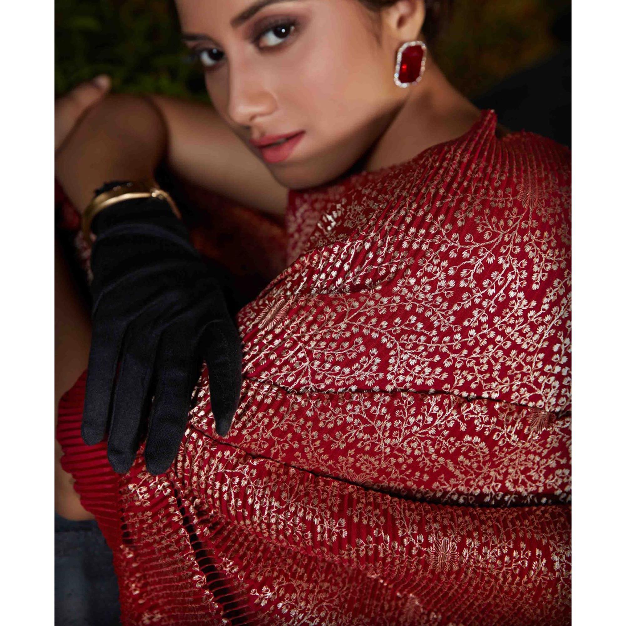 Charming Maroon Colored Party Wear Foil Print With Plitting Half- Half Silk Saree - Peachmode