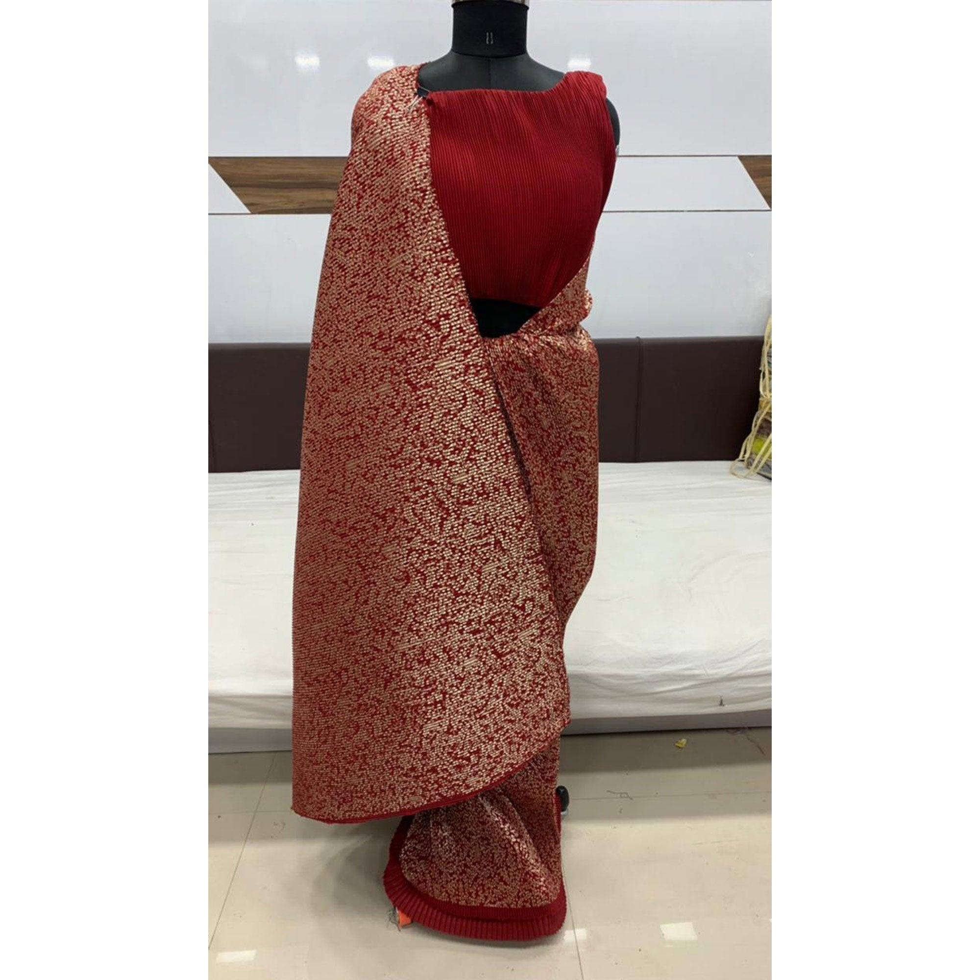 Charming Maroon Colored Party Wear Foil Print With Plitting Half- Half Silk Saree - Peachmode