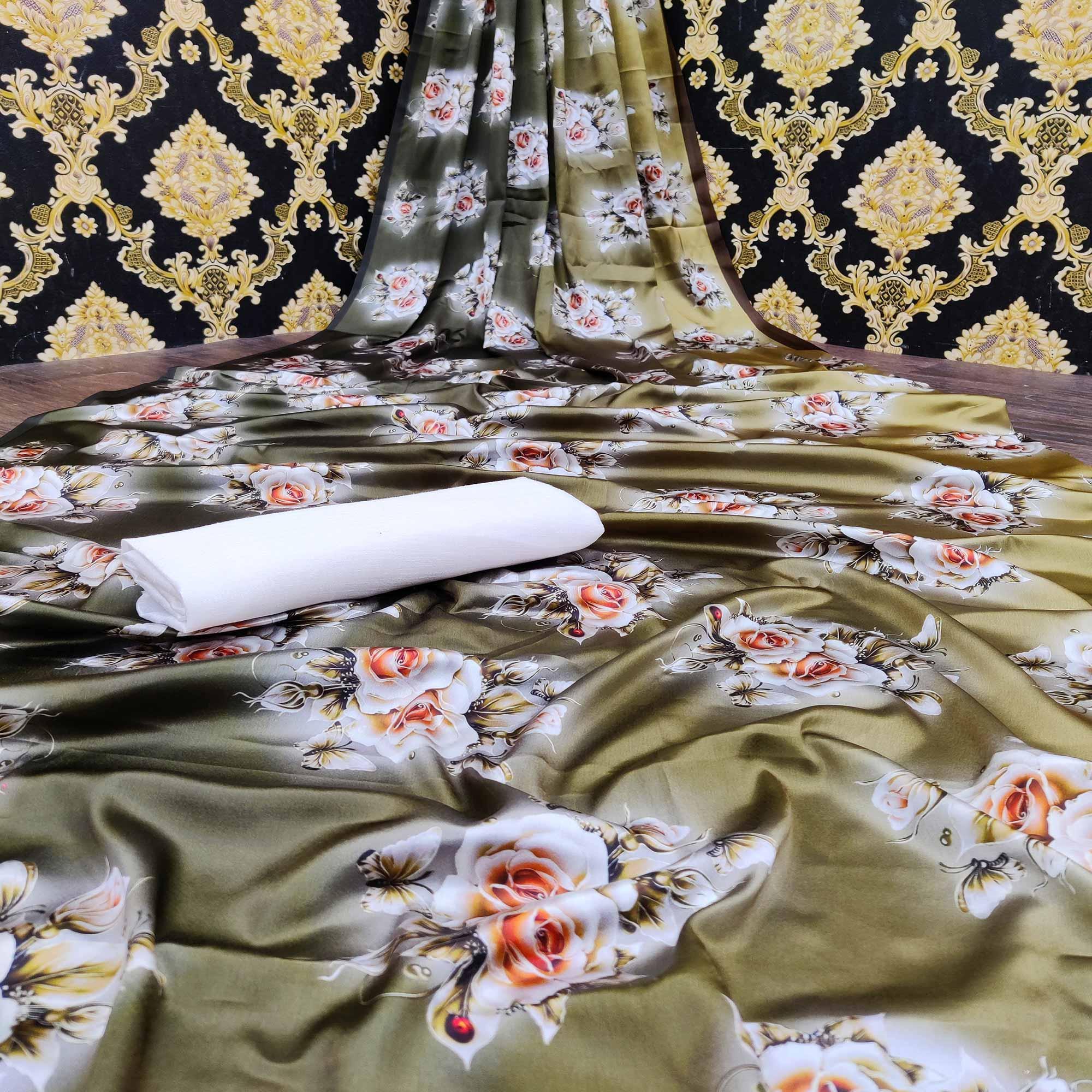 Charming Mehndi Green Colored Casual Wear Digital Floral Printed Satin  Saree - Peachmode