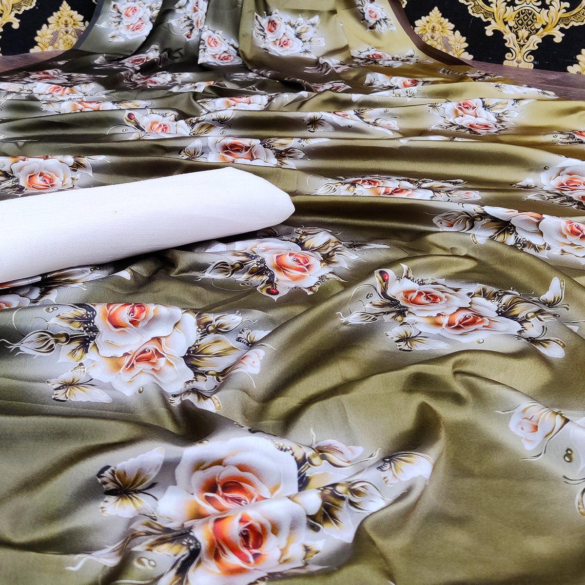 Charming Mehndi Green Colored Casual Wear Digital Floral Printed Satin  Saree - Peachmode