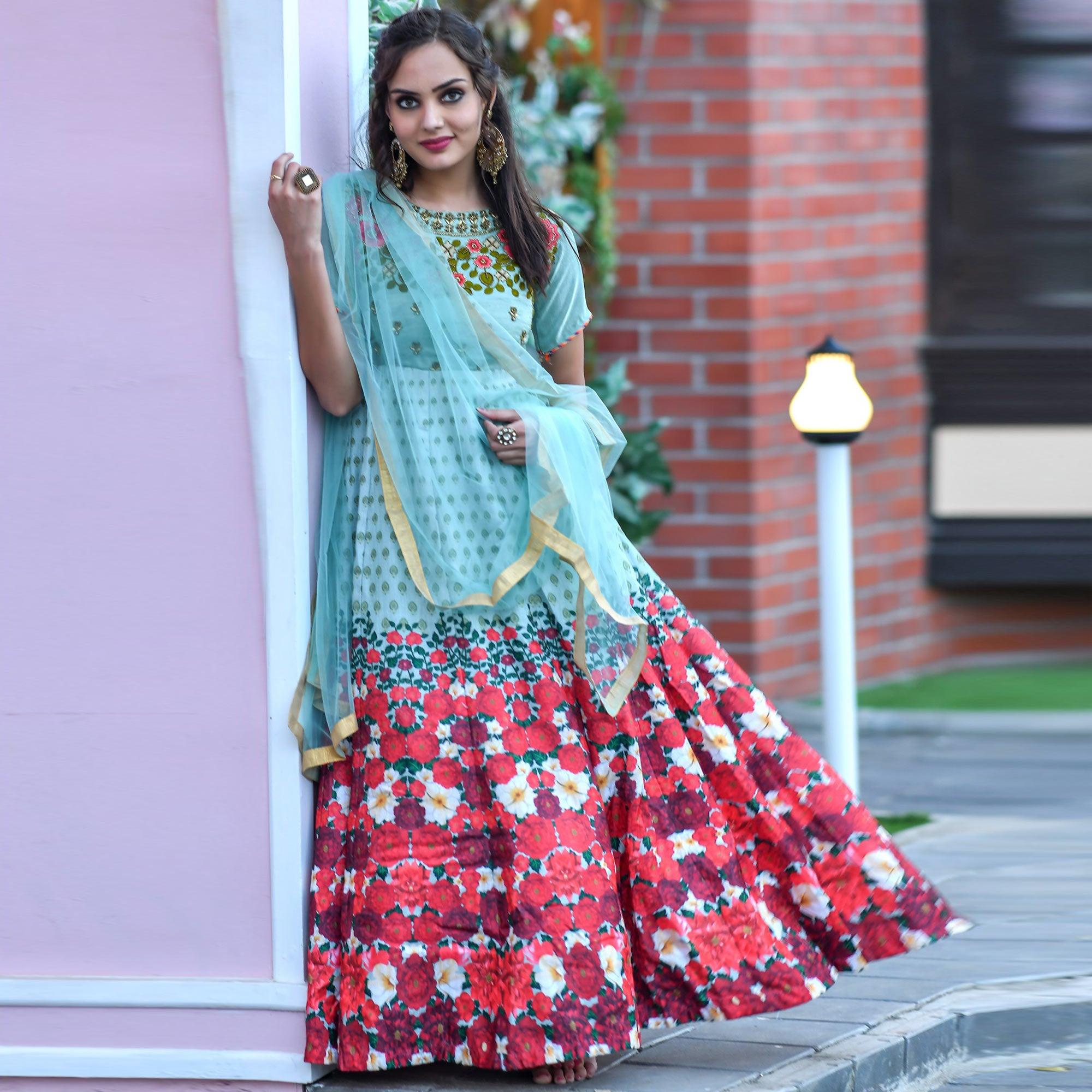 Charming Mint Blue Colored Partywear Embroidered Silk Gown - Peachmode