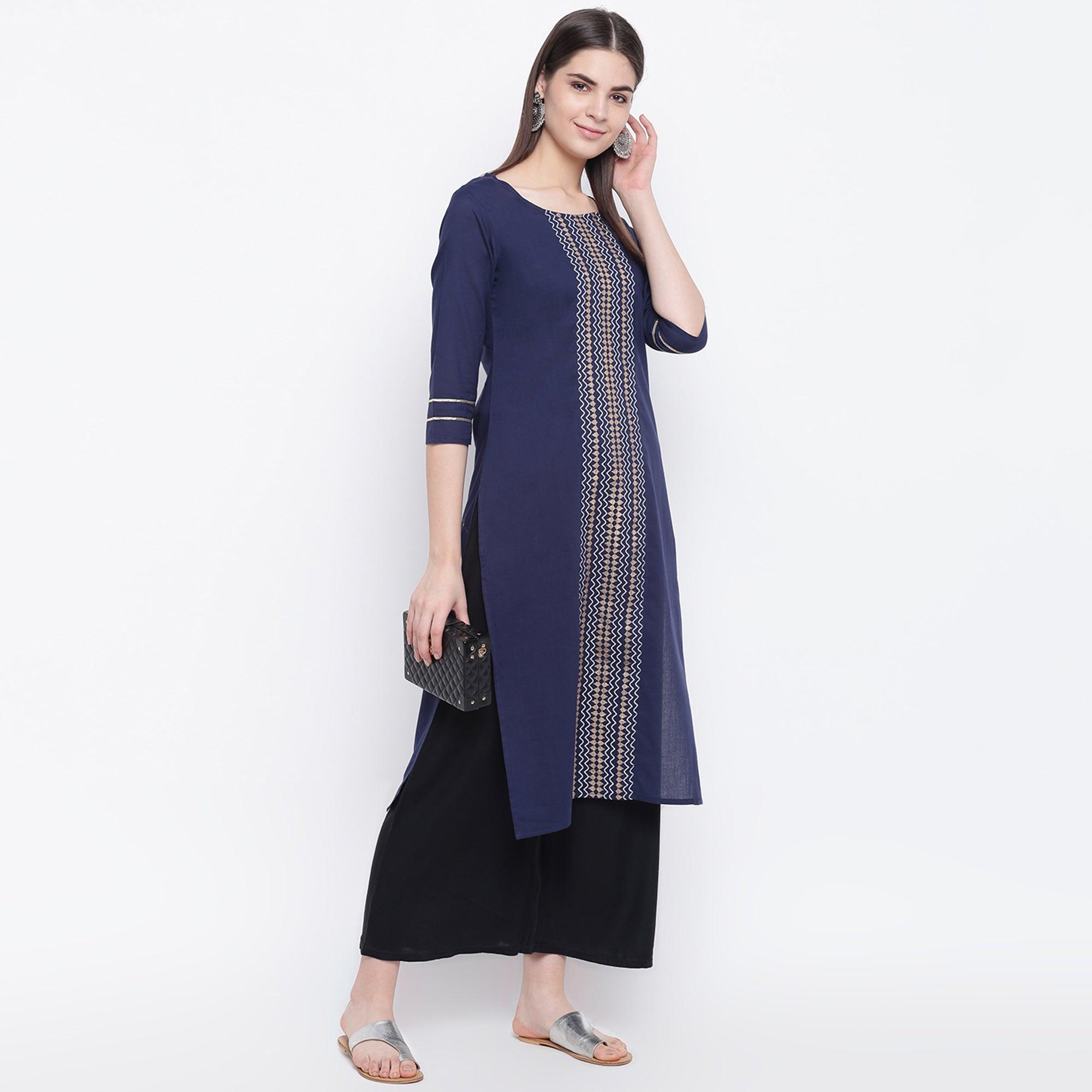 Charming Navy Blue Colored Casual Wear Printed Cotton Kurti - Peachmode