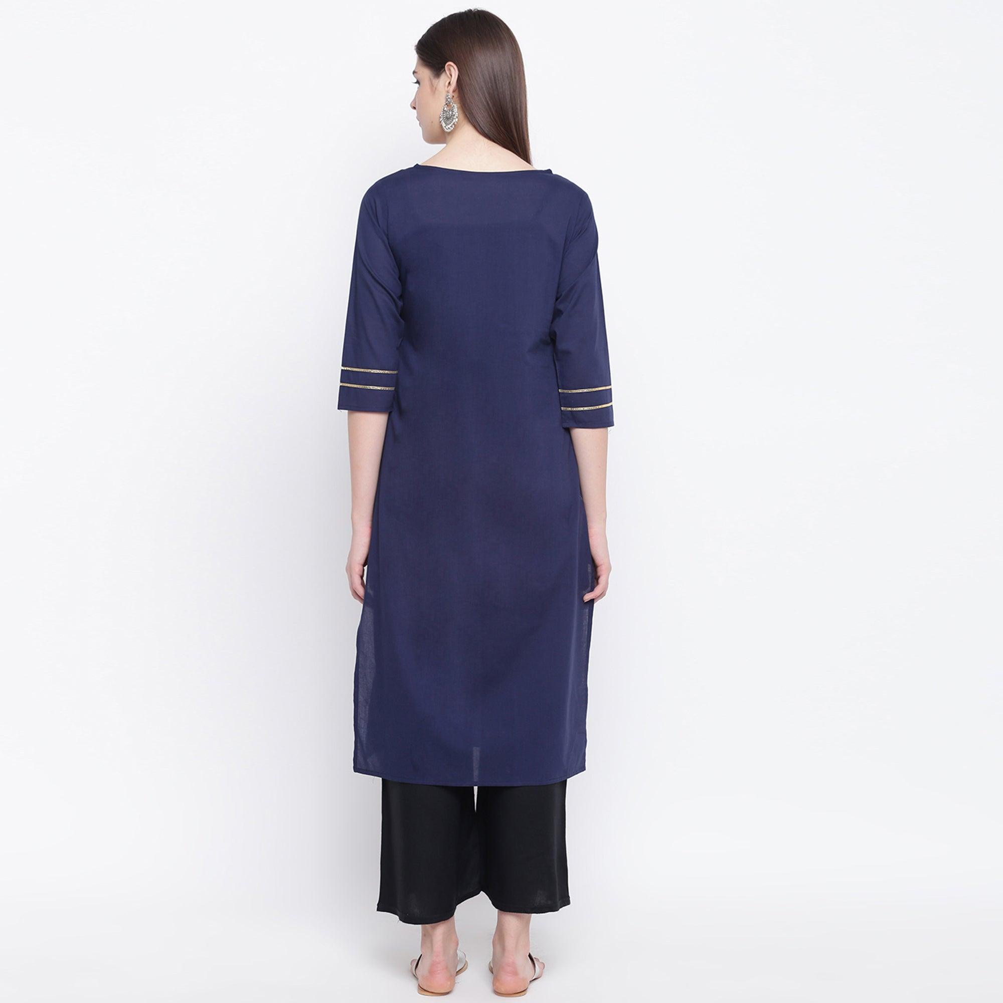 Charming Navy Blue Colored Casual Wear Printed Cotton Kurti - Peachmode