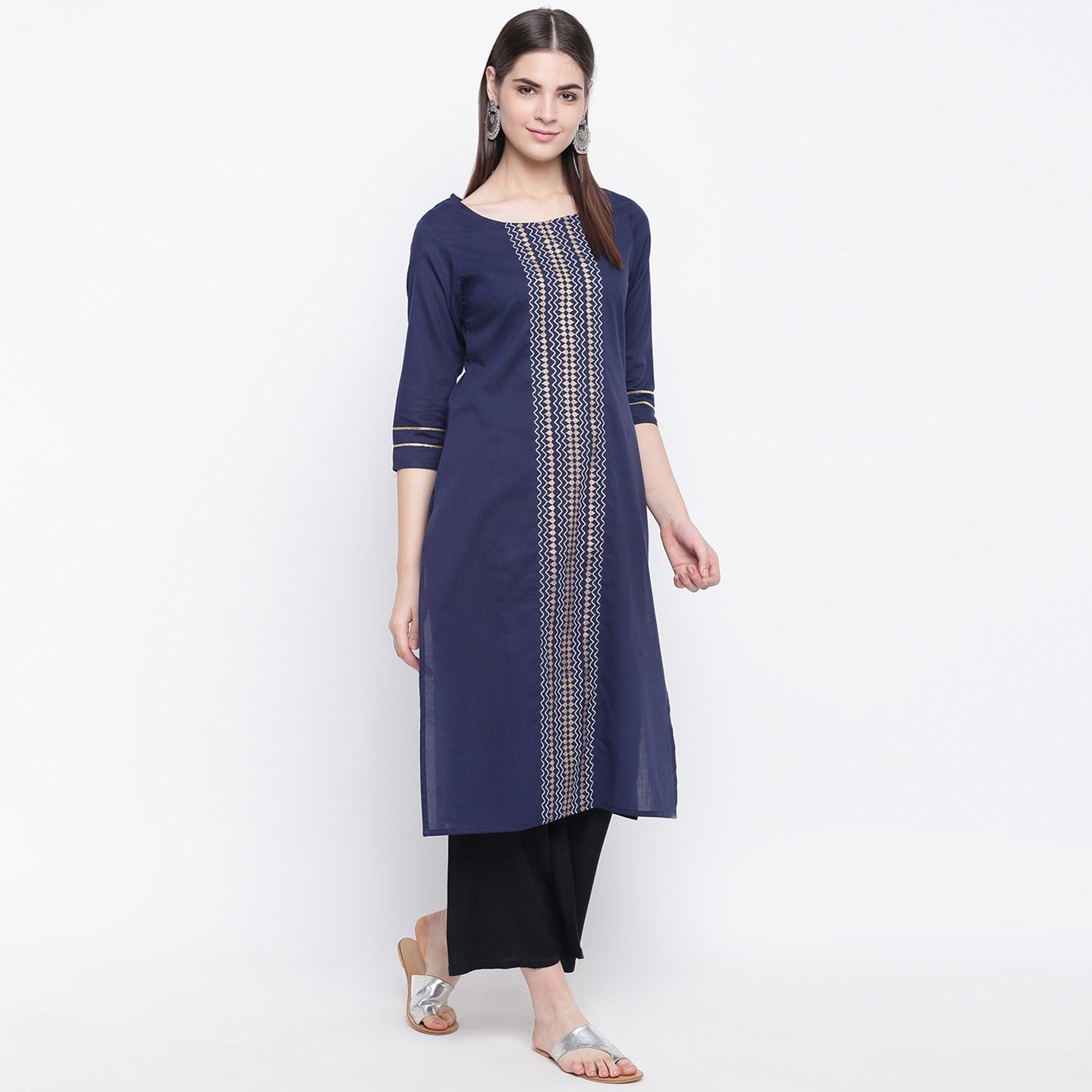Charming Navy Blue Colored Casual Wear Printed Cotton Kurti - Peachmode