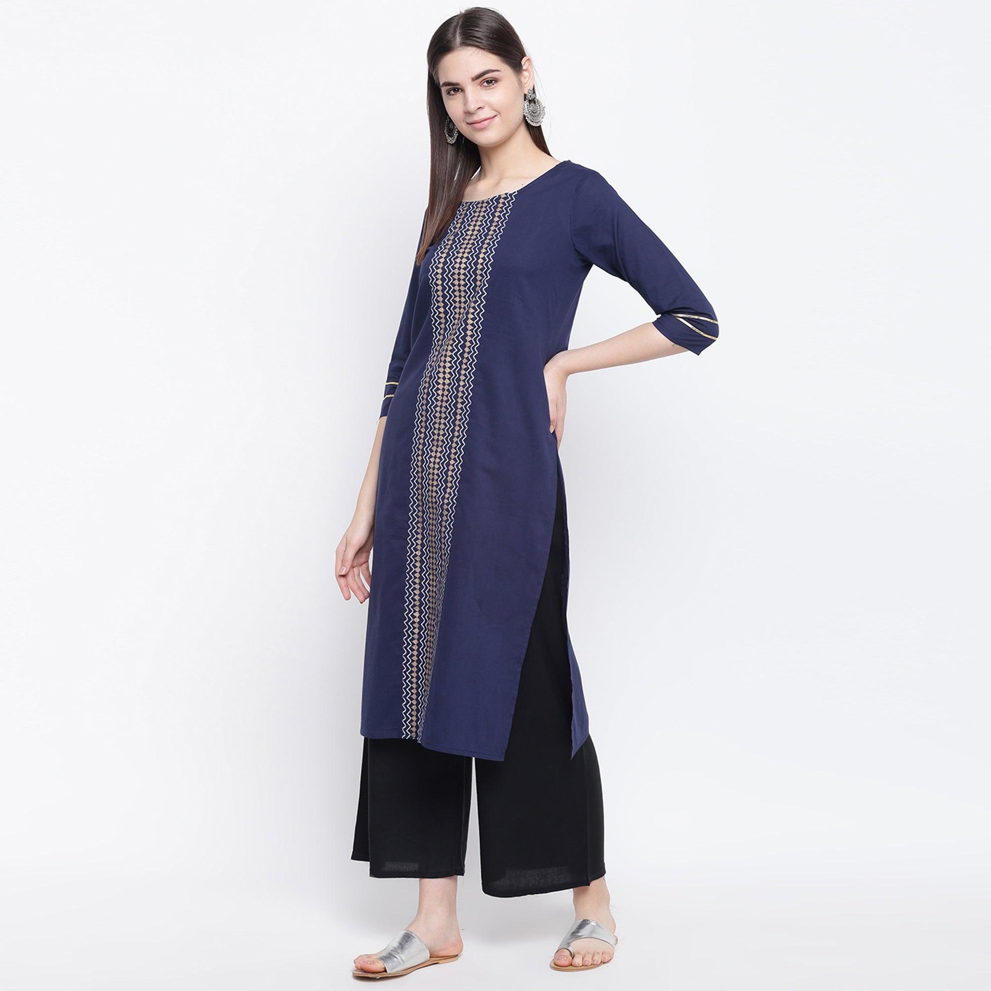 Charming Navy Blue Colored Casual Wear Printed Cotton Kurti - Peachmode