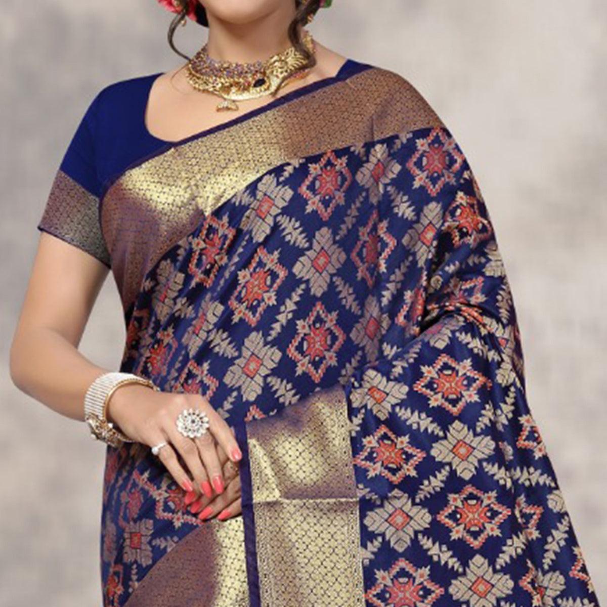Charming Navy Blue Colored Festive Wear Woven Banarasi Silk Saree - Peachmode