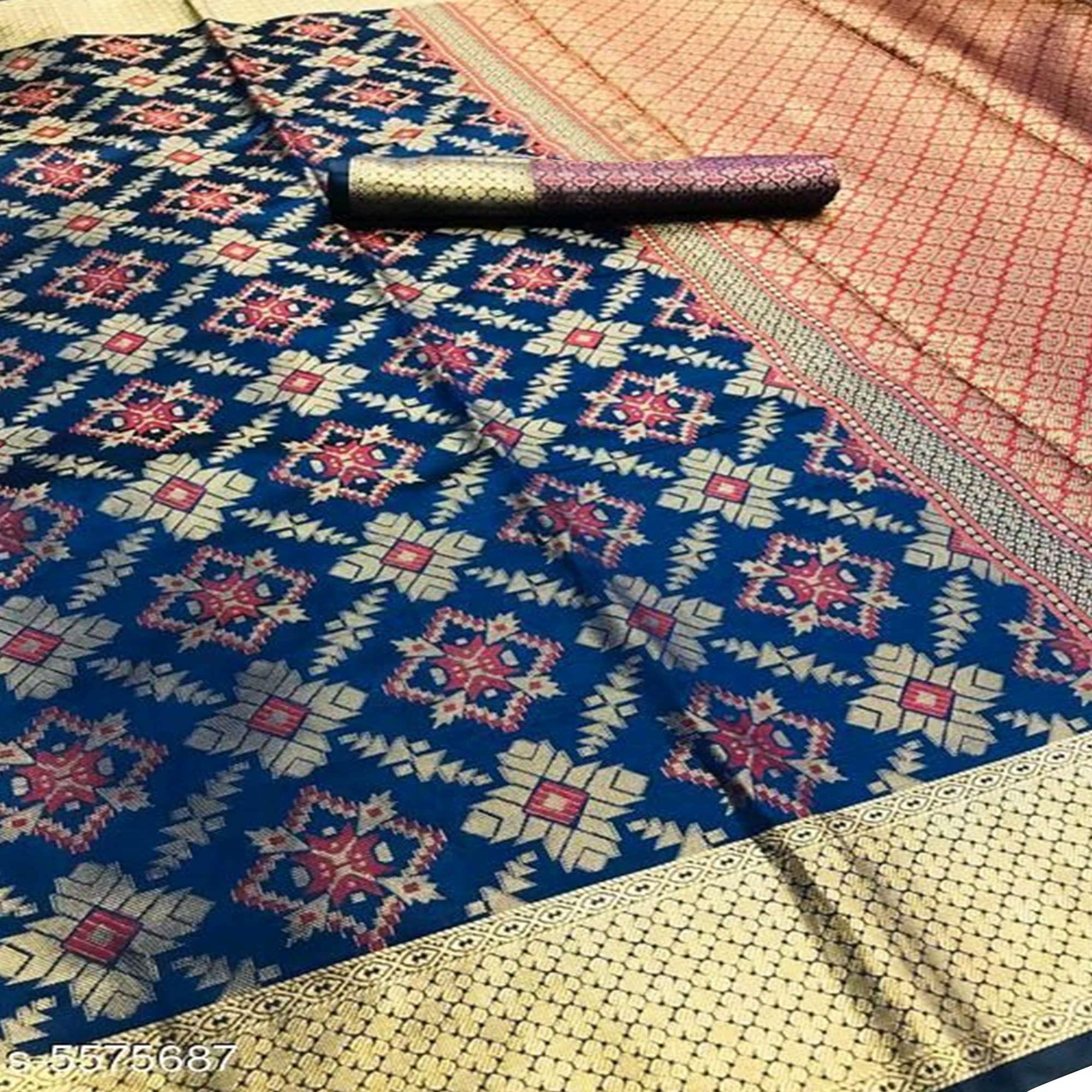 Charming Navy Blue Colored Festive Wear Woven Silk Saree - Peachmode