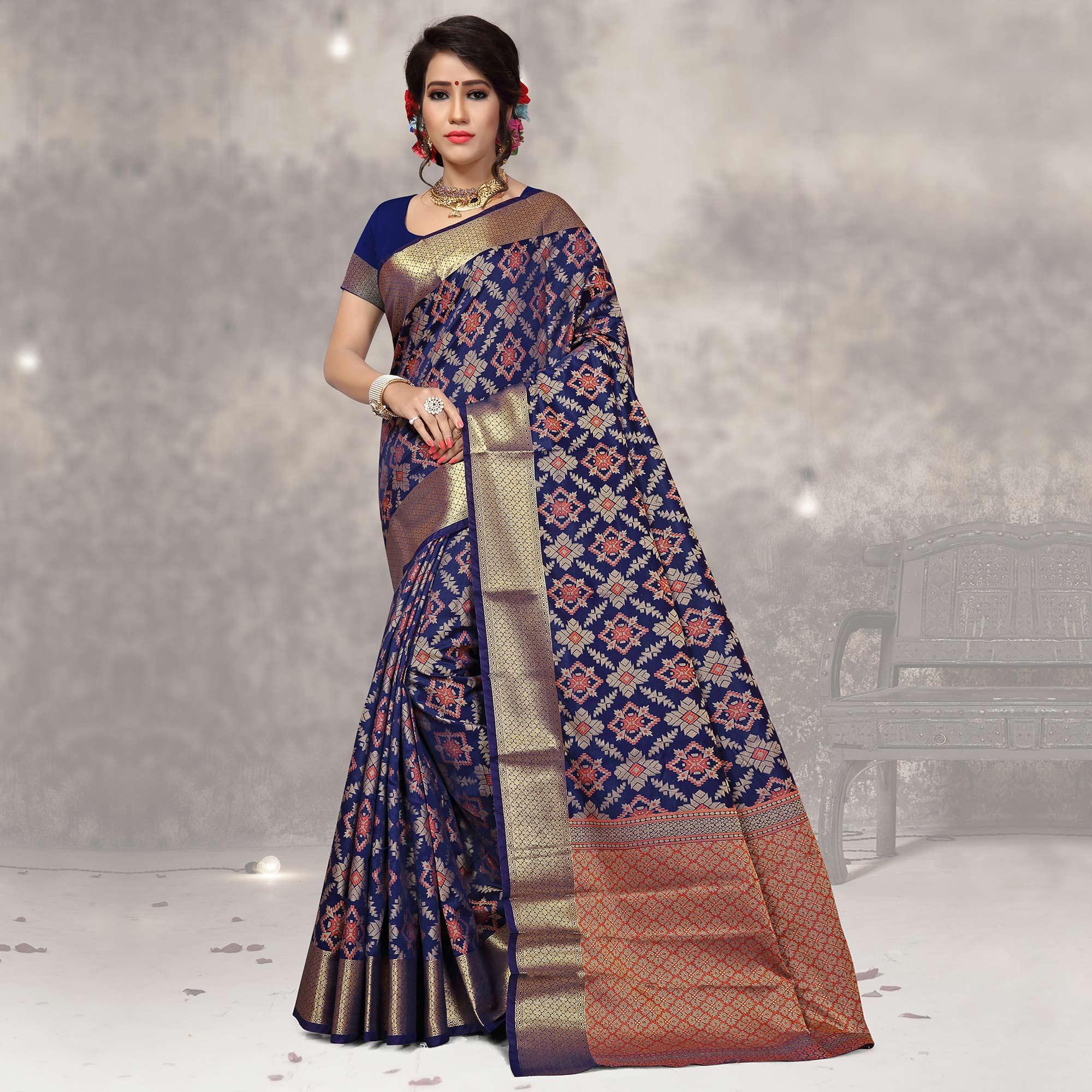 Charming Navy Blue Colored Festive Wear Woven Silk Saree - Peachmode