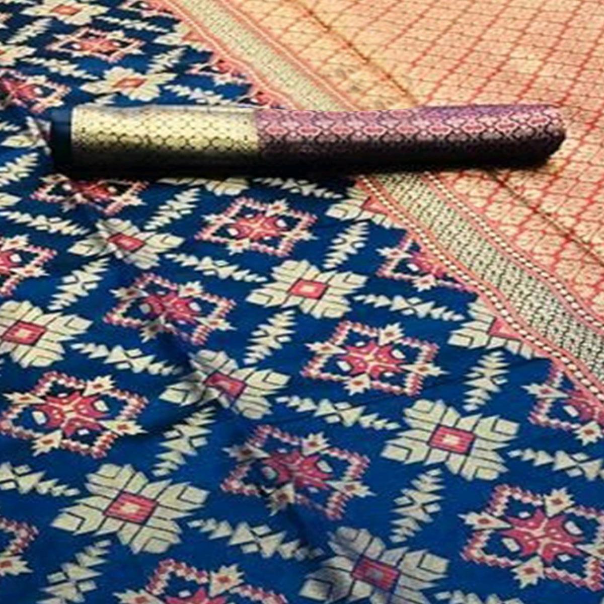 Charming Navy Blue Colored Festive Wear Woven Silk Saree - Peachmode