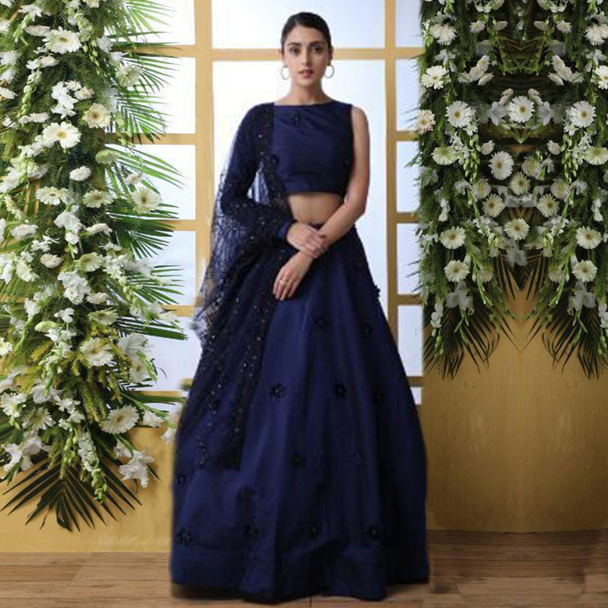 Charming Navy Blue Colored Party Wear Pearl Work Taffeta Silk Lehenga Choli - Peachmode
