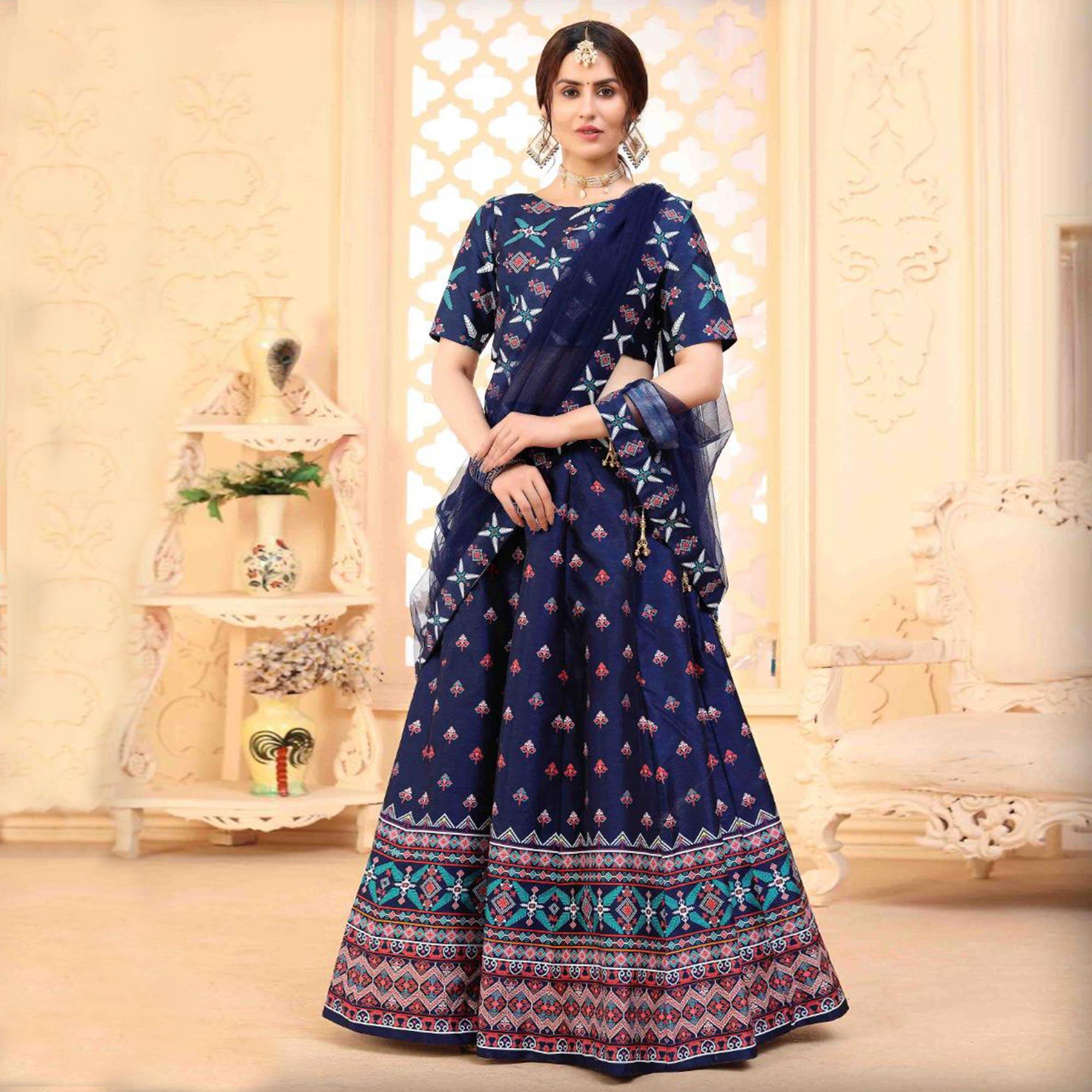 Charming Navy Blue Coloured Partywear Digital Printed Art Silk Lehenga Choli - Peachmode
