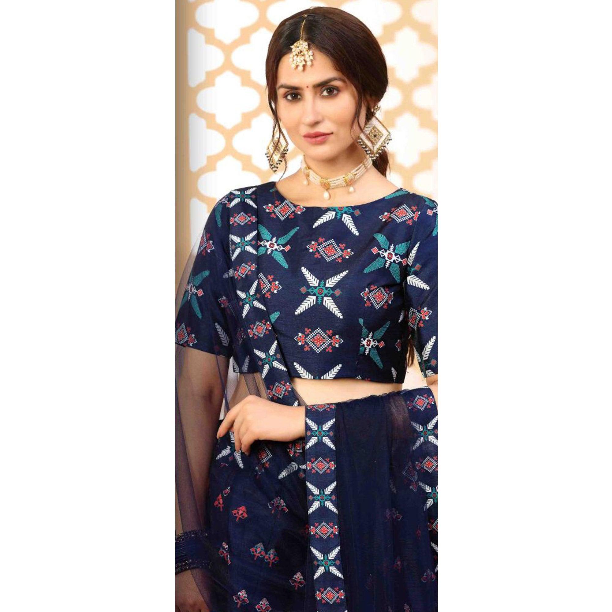 Charming Navy Blue Coloured Partywear Digital Printed Art Silk Lehenga Choli - Peachmode