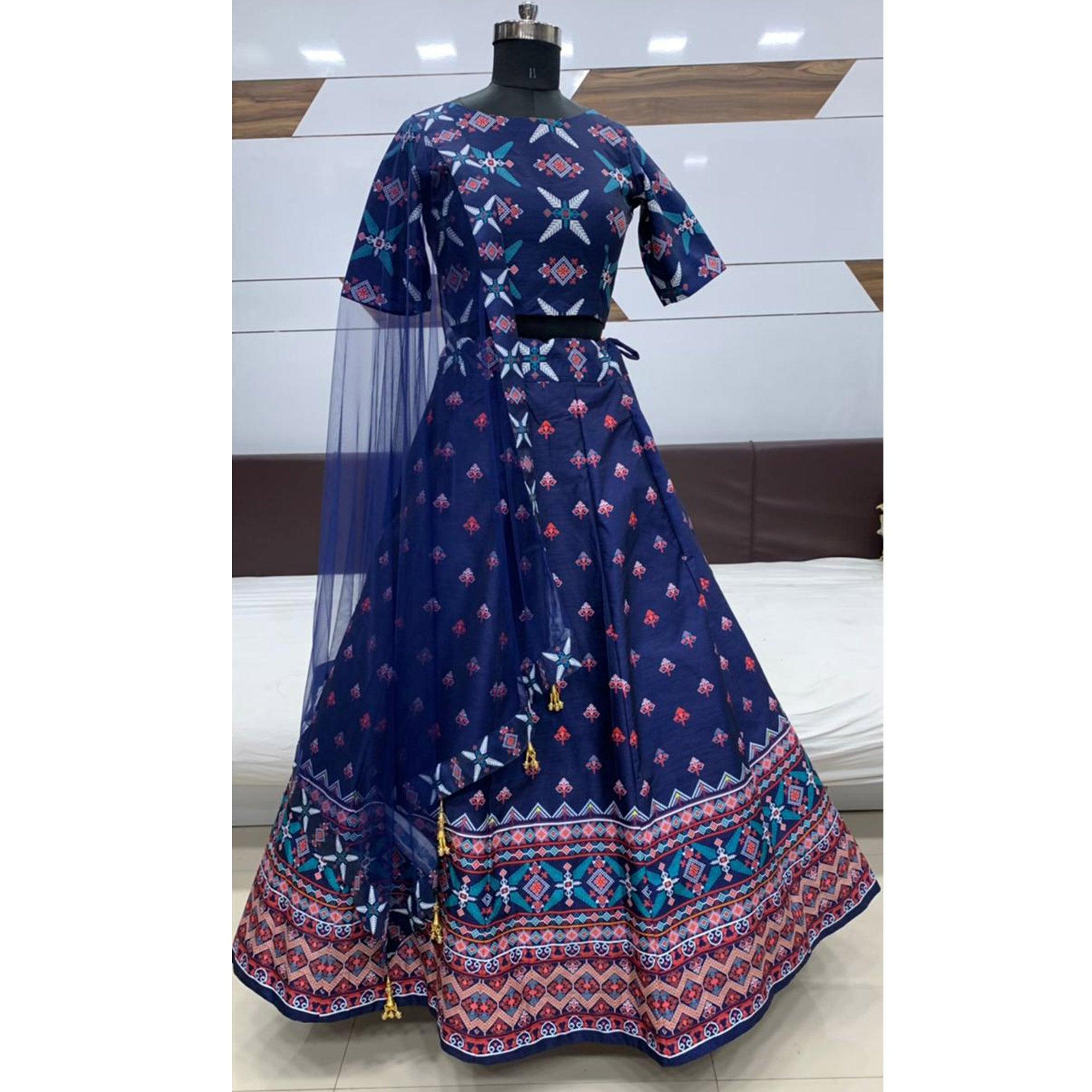 Charming Navy Blue Coloured Partywear Digital Printed Art Silk Lehenga Choli - Peachmode