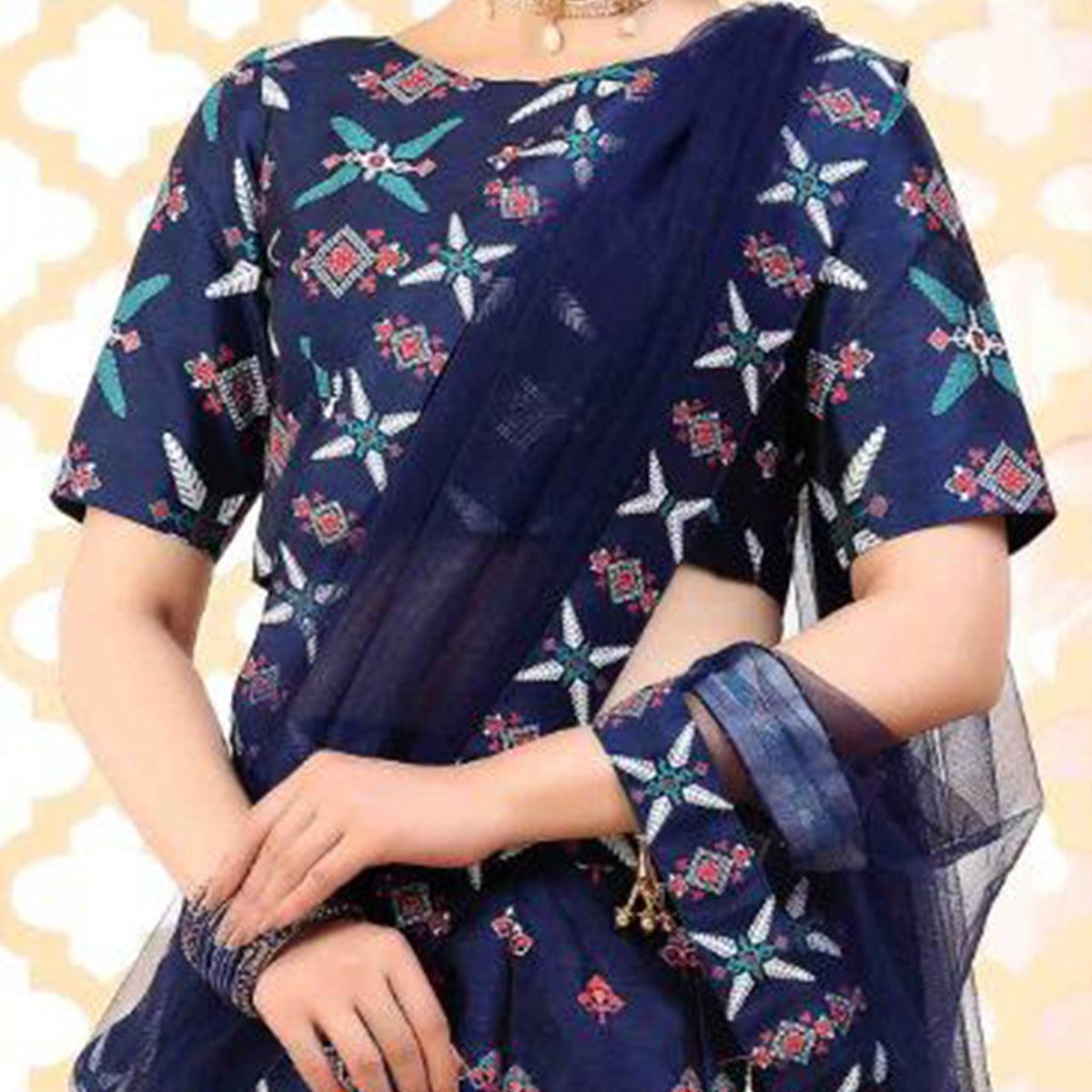 Charming Navy Blue Coloured Partywear Digital Printed Art Silk Lehenga Choli - Peachmode
