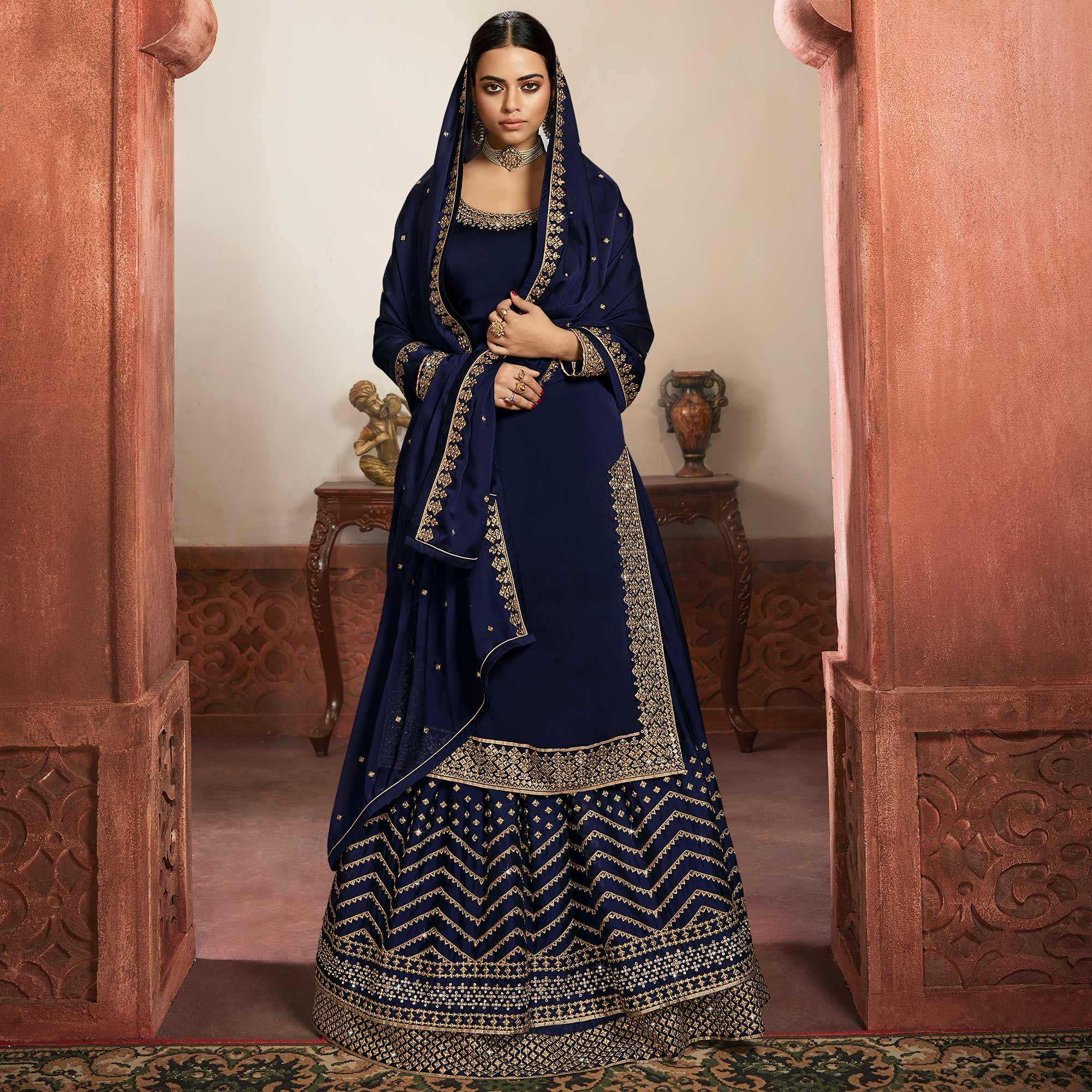 Charming Navy Blue Coloured Partywear Embroidered Rangoli Georgette Sharara Style Salwar Suit - Peachmode