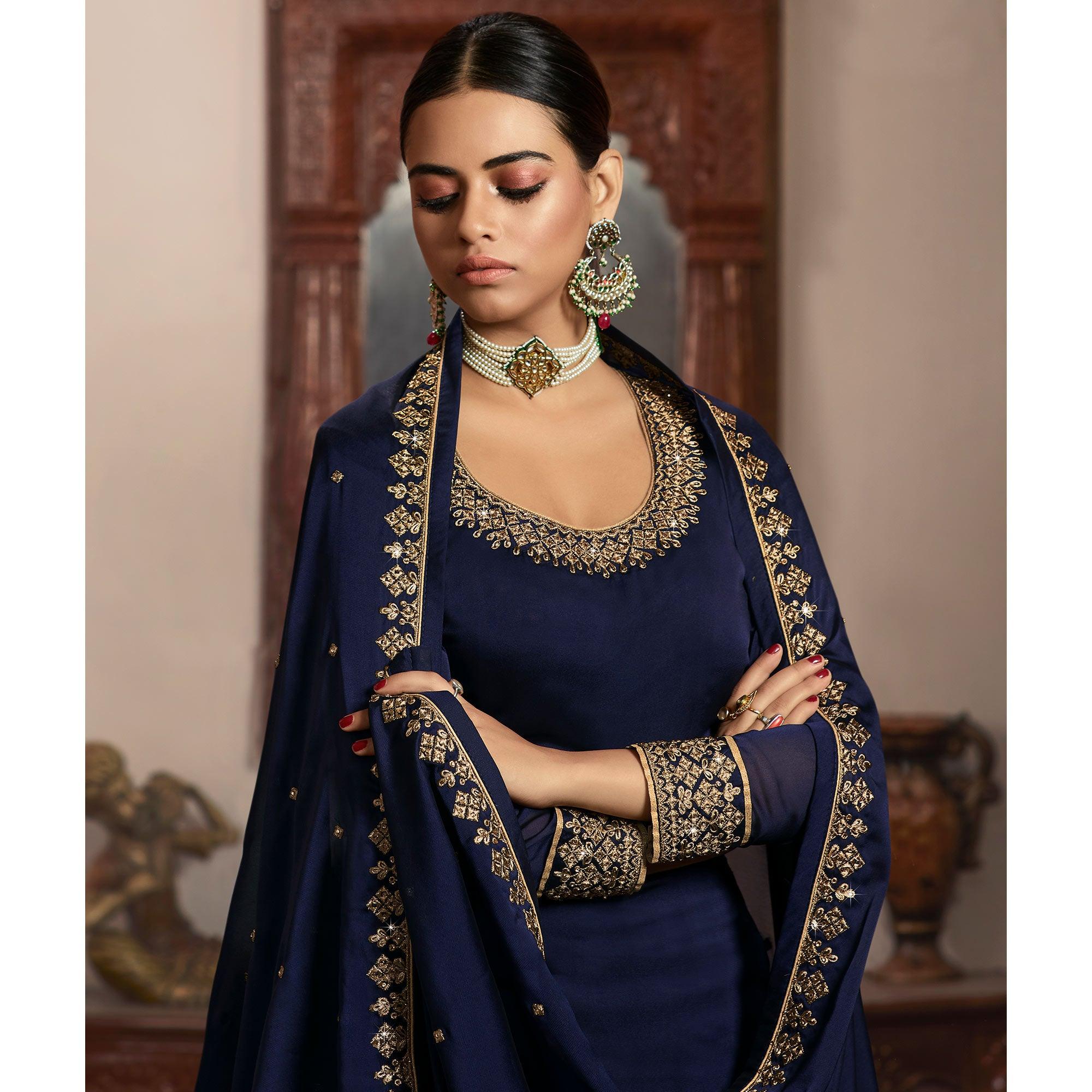 Charming Navy Blue Coloured Partywear Embroidered Rangoli Georgette Sharara Style Salwar Suit - Peachmode