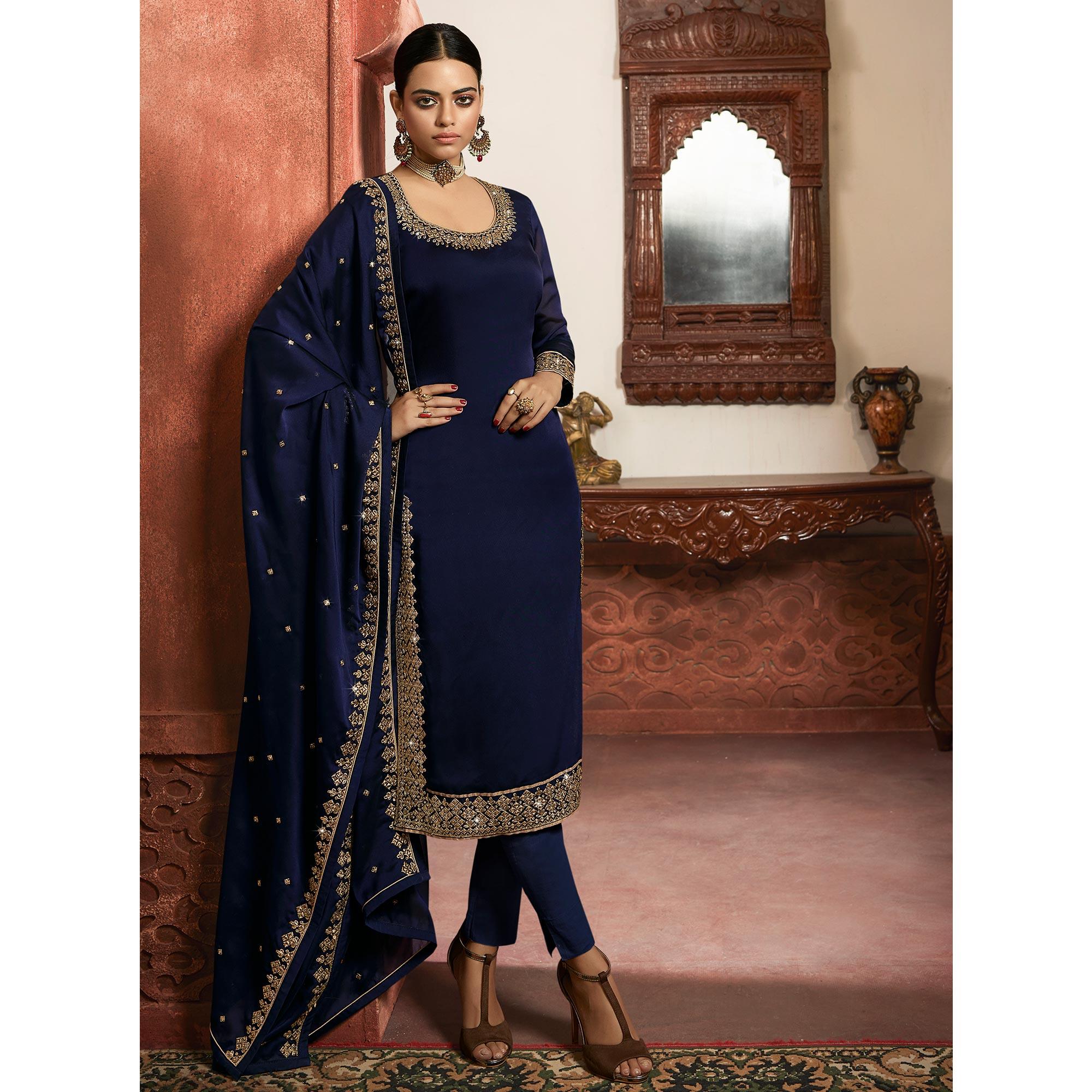 Charming Navy Blue Coloured Partywear Embroidered Rangoli Georgette Sharara Style Salwar Suit - Peachmode