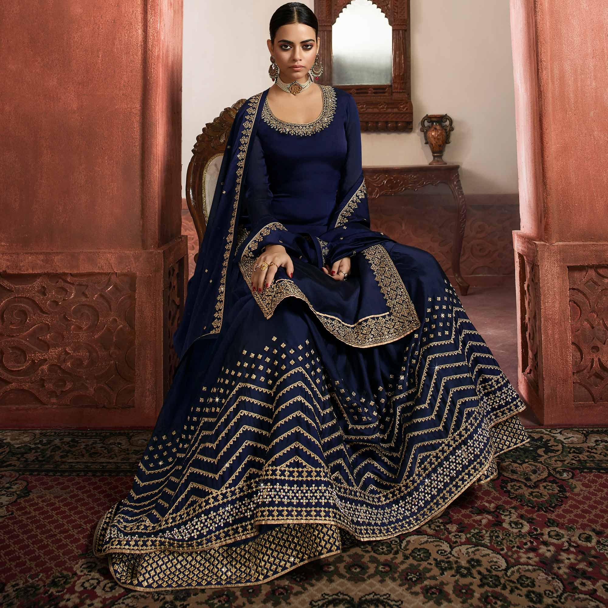 Charming Navy Blue Coloured Partywear Embroidered Rangoli Georgette Sharara Style Salwar Suit - Peachmode