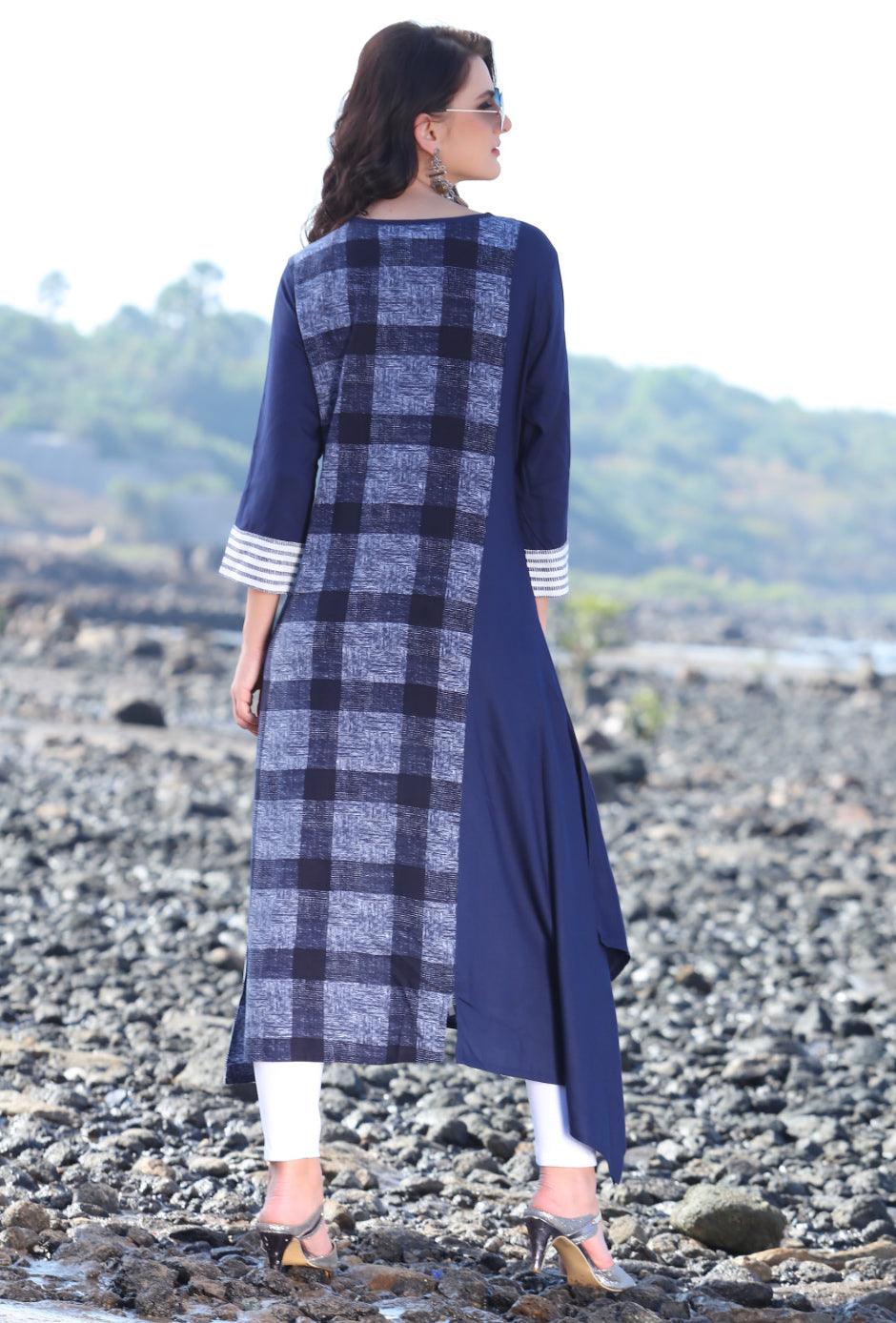 Charming Navy Blue Designer Printed Rayon Kurti - Peachmode