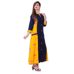 Charming Navy Blue-Yellow Colored Casual Wear Printed Rayon Kurti - Peachmode