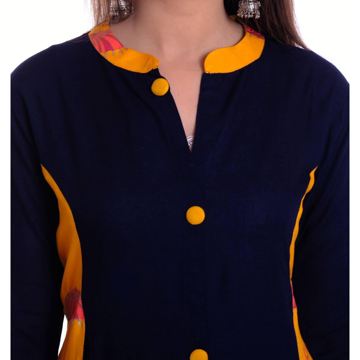 Charming Navy Blue-Yellow Colored Casual Wear Printed Rayon Kurti - Peachmode