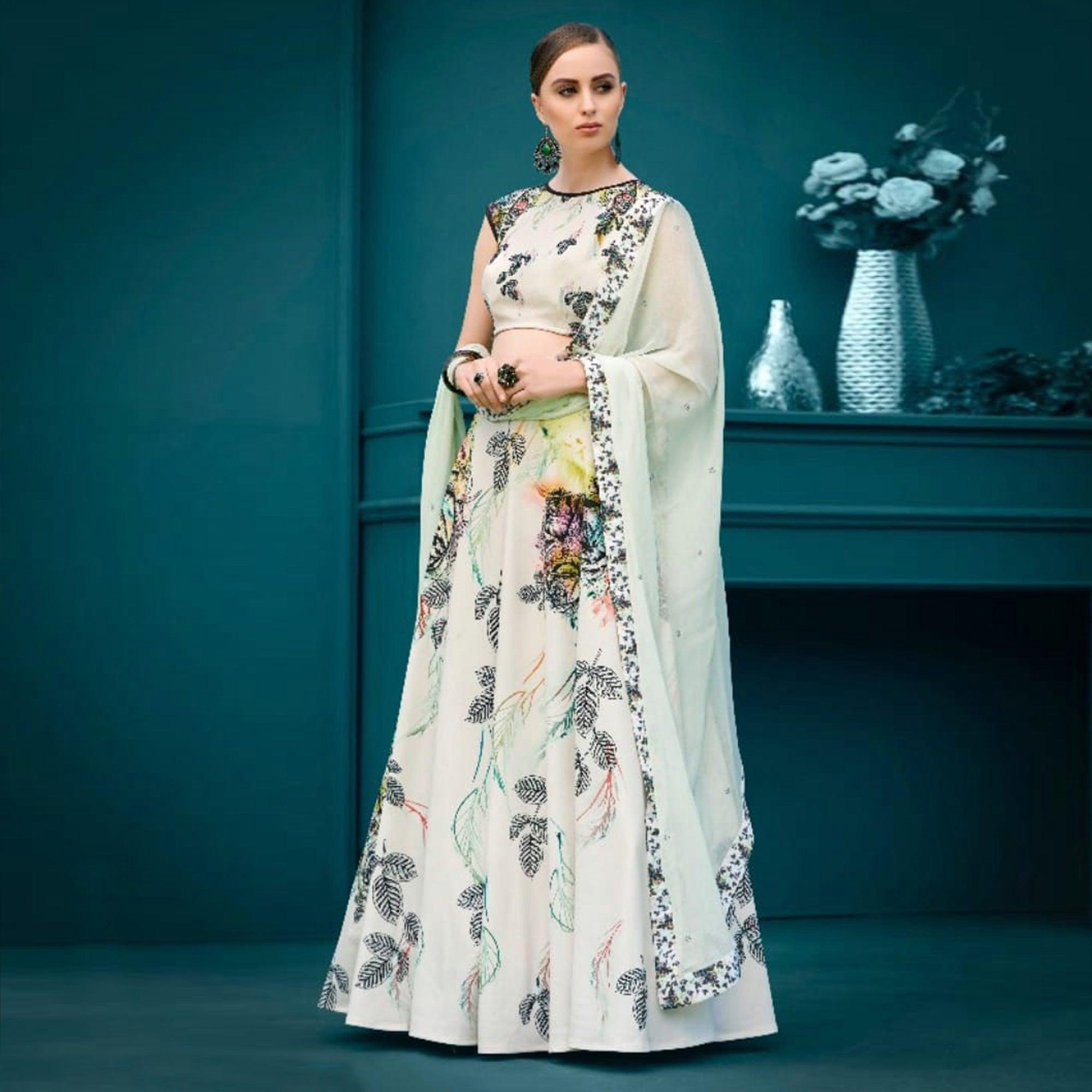 Charming Off-White Colored Designer Partywear Digital Printed Silk Lehenga Choli - Peachmode