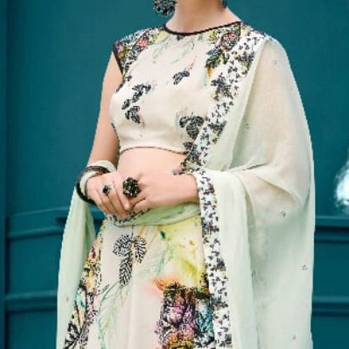 Charming Off-White Colored Designer Partywear Digital Printed Silk Lehenga Choli - Peachmode