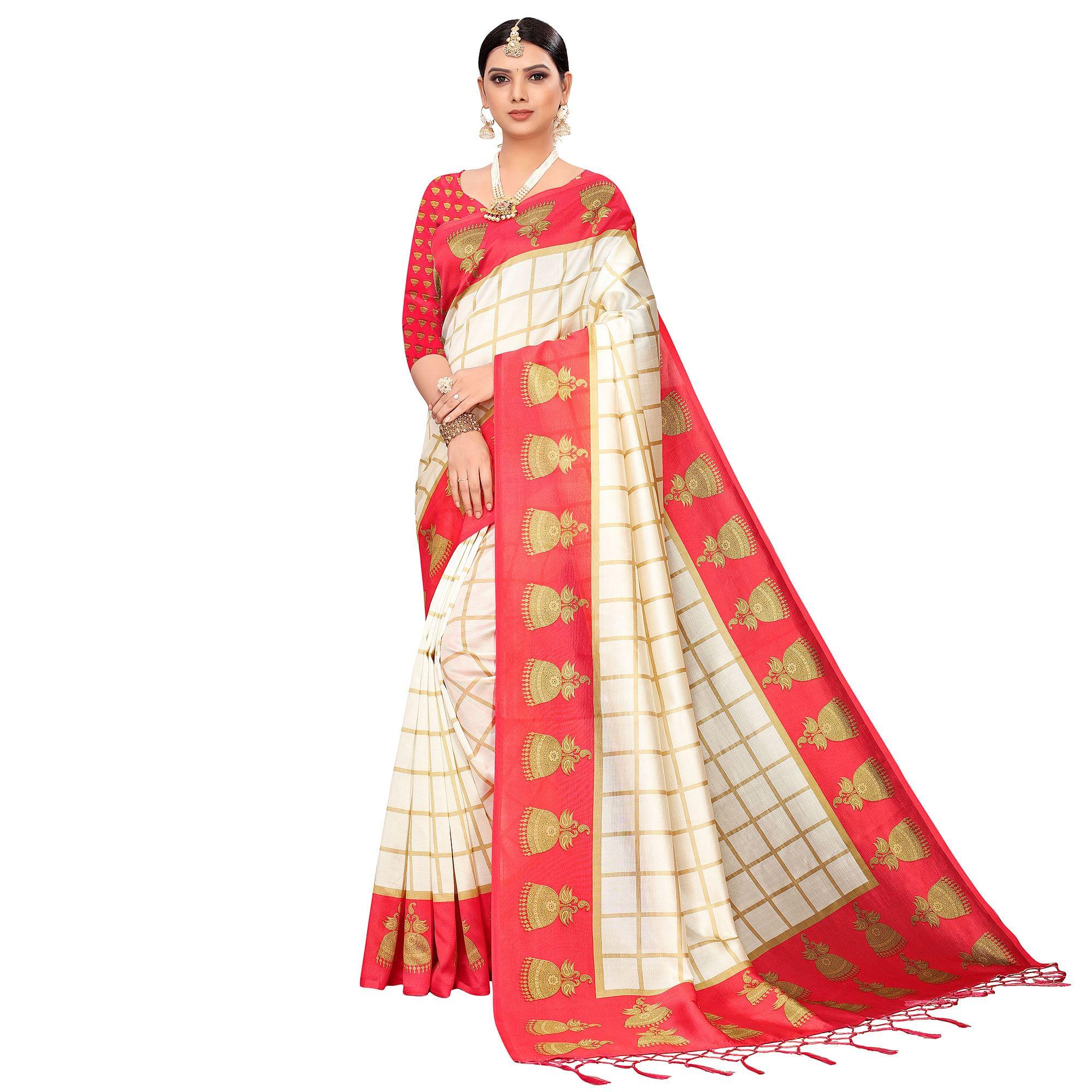 Charming Off White-Red Colored Festive Wear Printed Mysore Silk Saree - Peachmode