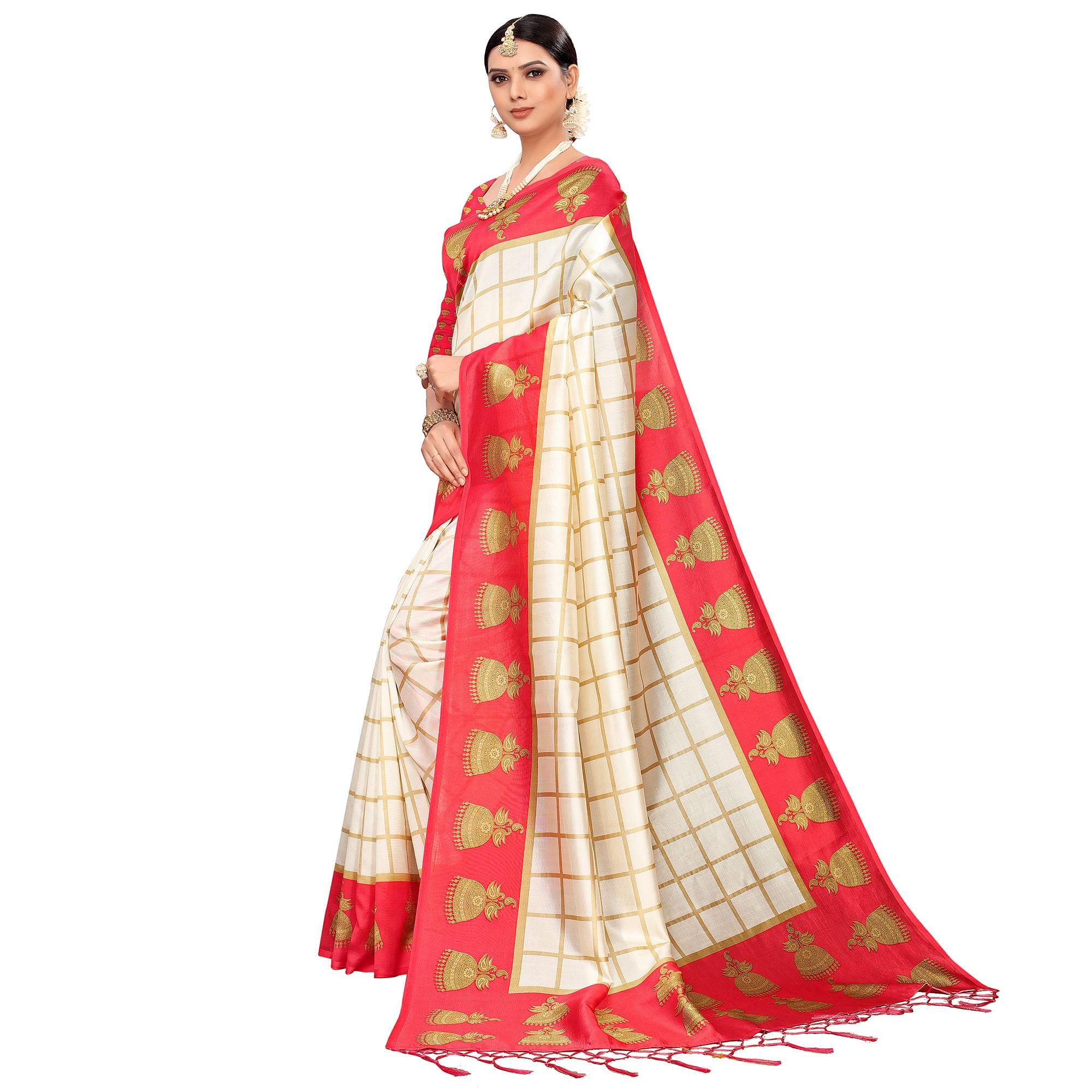 Charming Off White-Red Colored Festive Wear Printed Mysore Silk Saree - Peachmode