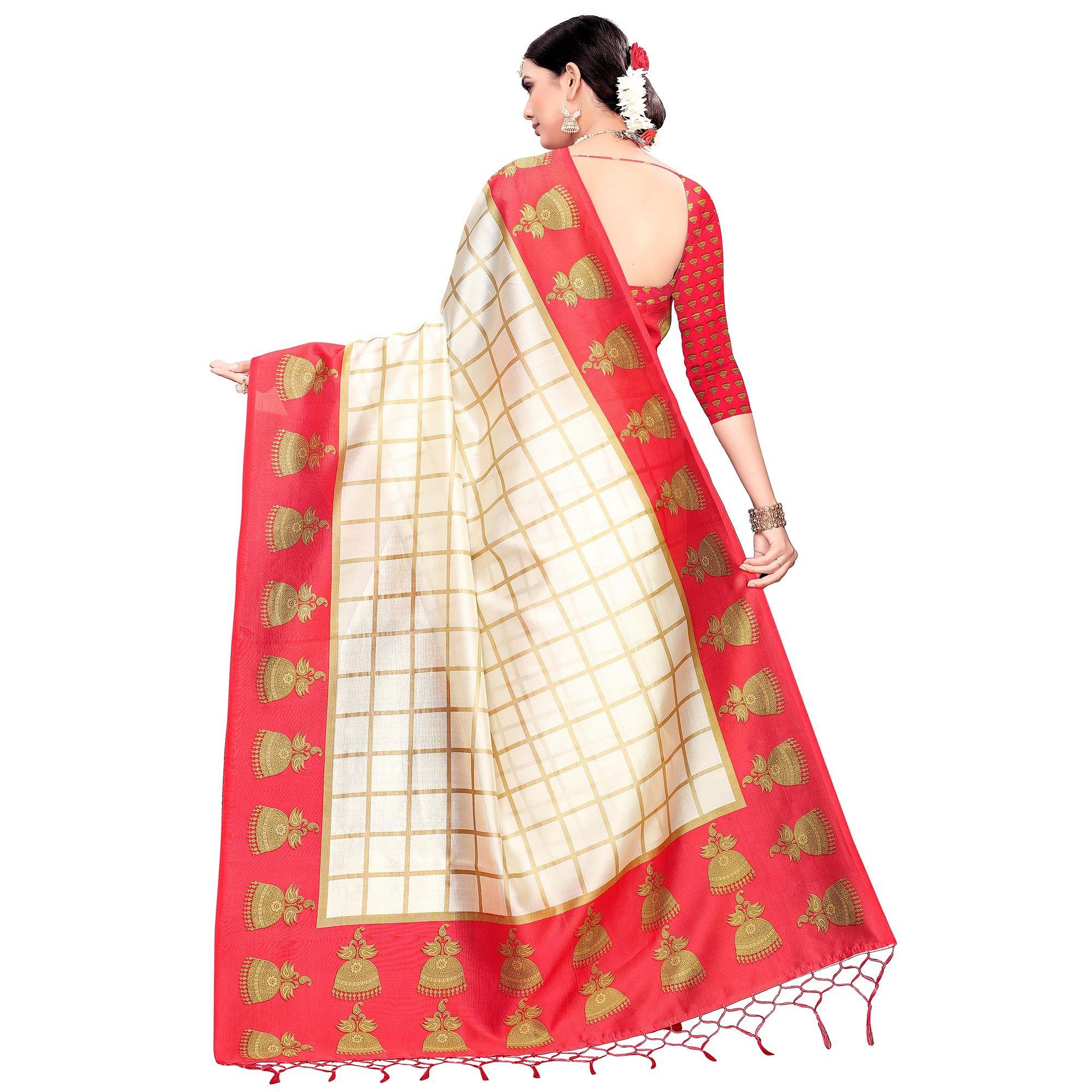 Charming Off White-Red Colored Festive Wear Printed Mysore Silk Saree - Peachmode