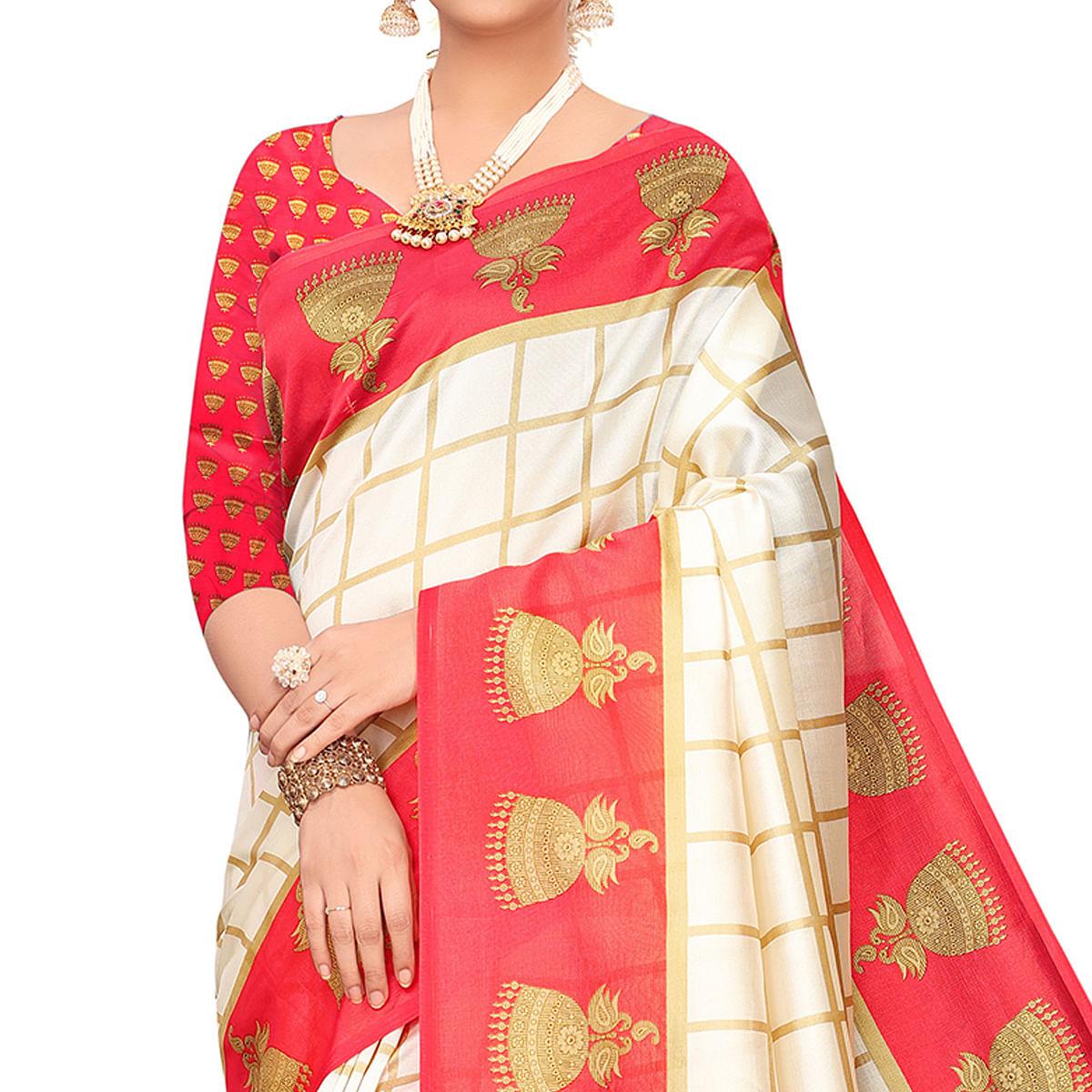 Charming Off White-Red Colored Festive Wear Printed Mysore Silk Saree - Peachmode