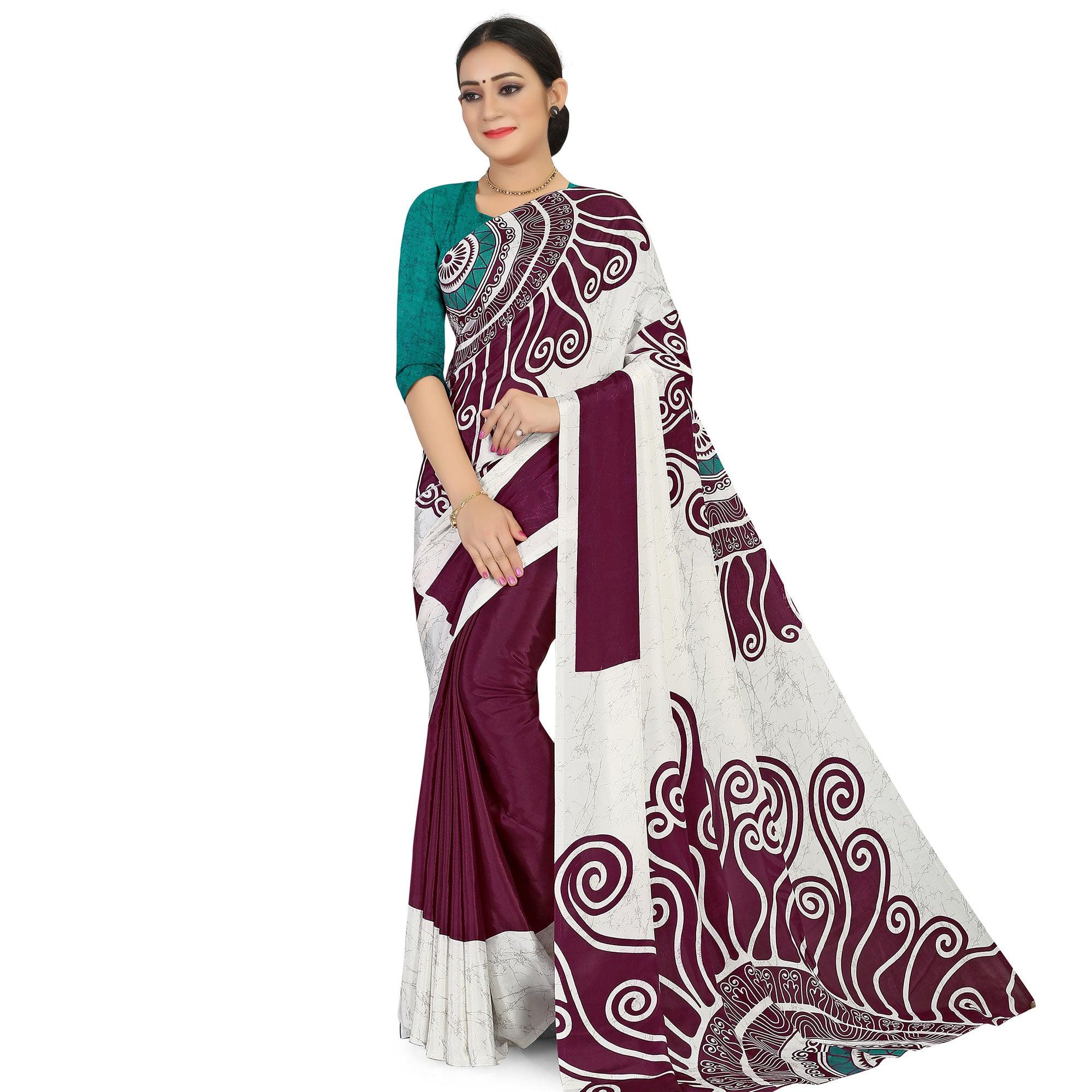Charming Offwhite - Wine Colored Casual Wear Printed Satin Saree - Peachmode