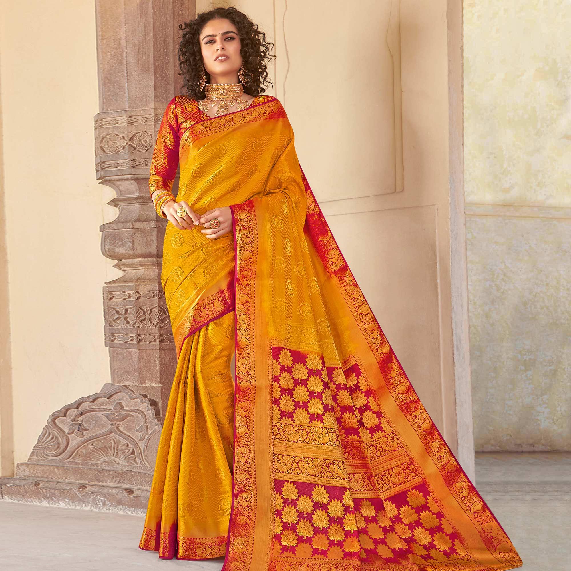 Charming Orange Colored Festive Wear Woven Silk Saree - Peachmode