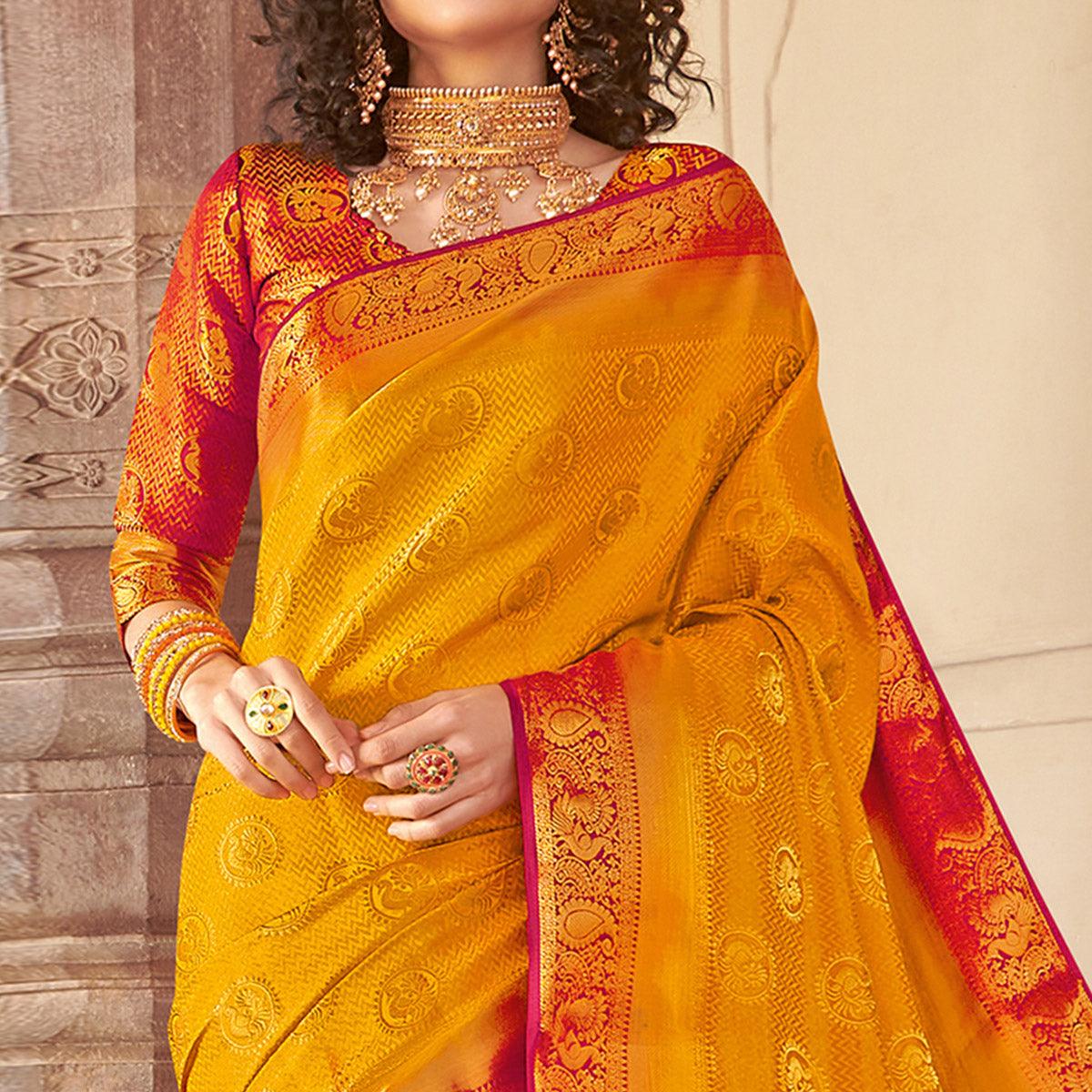 Charming Orange Colored Festive Wear Woven Silk Saree - Peachmode