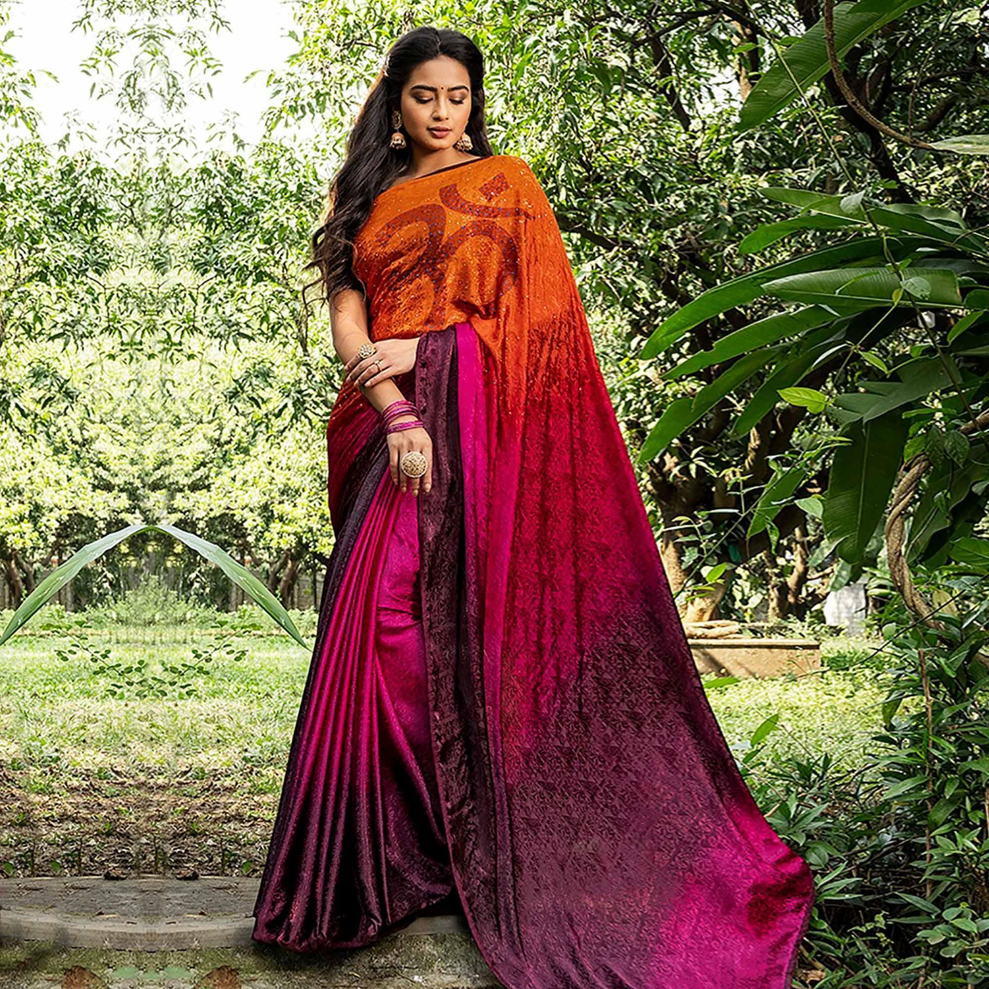 Charming Orange - Pink Colored Partywear Printed Silk Crape Saree - Peachmode