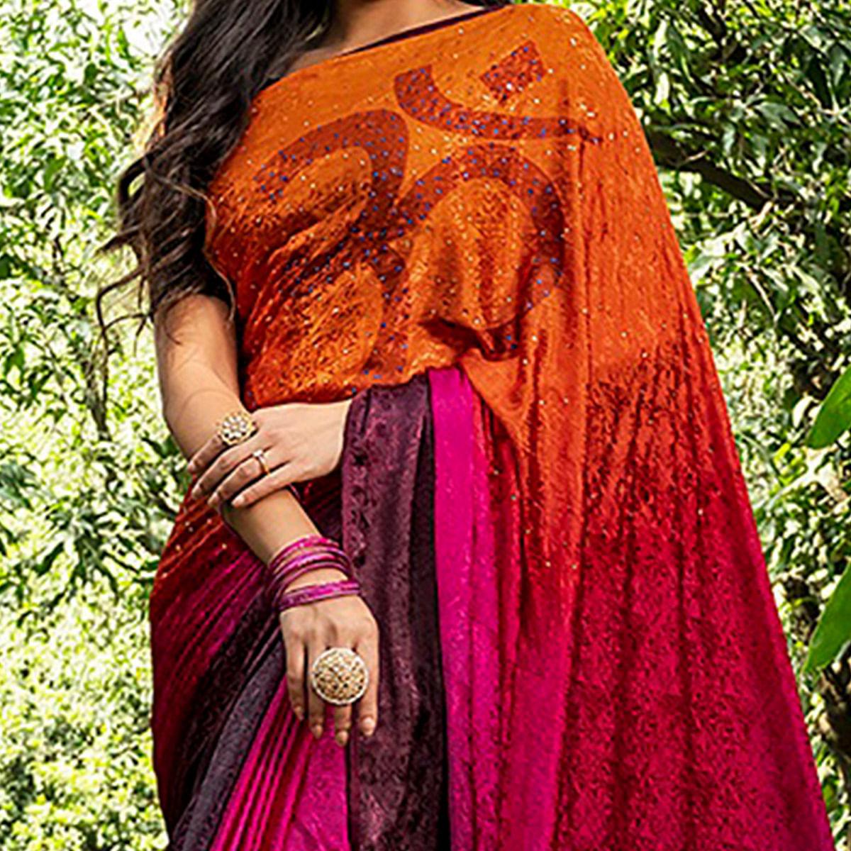 Charming Orange - Pink Colored Partywear Printed Silk Crape Saree - Peachmode