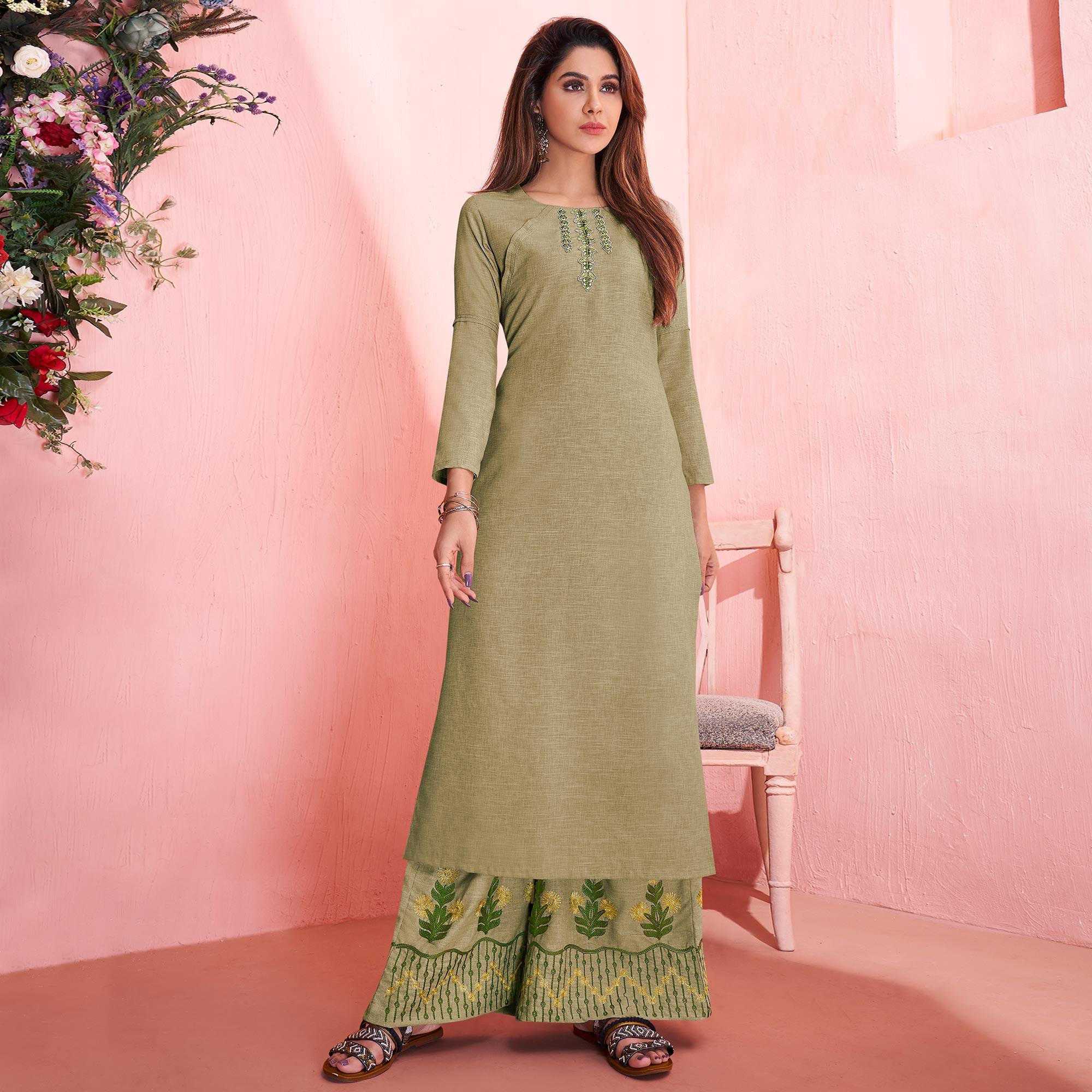 Charming Pastel Olive Green Colored Partywear Embroidered Rayon Kurti-Palazzo Set - Peachmode