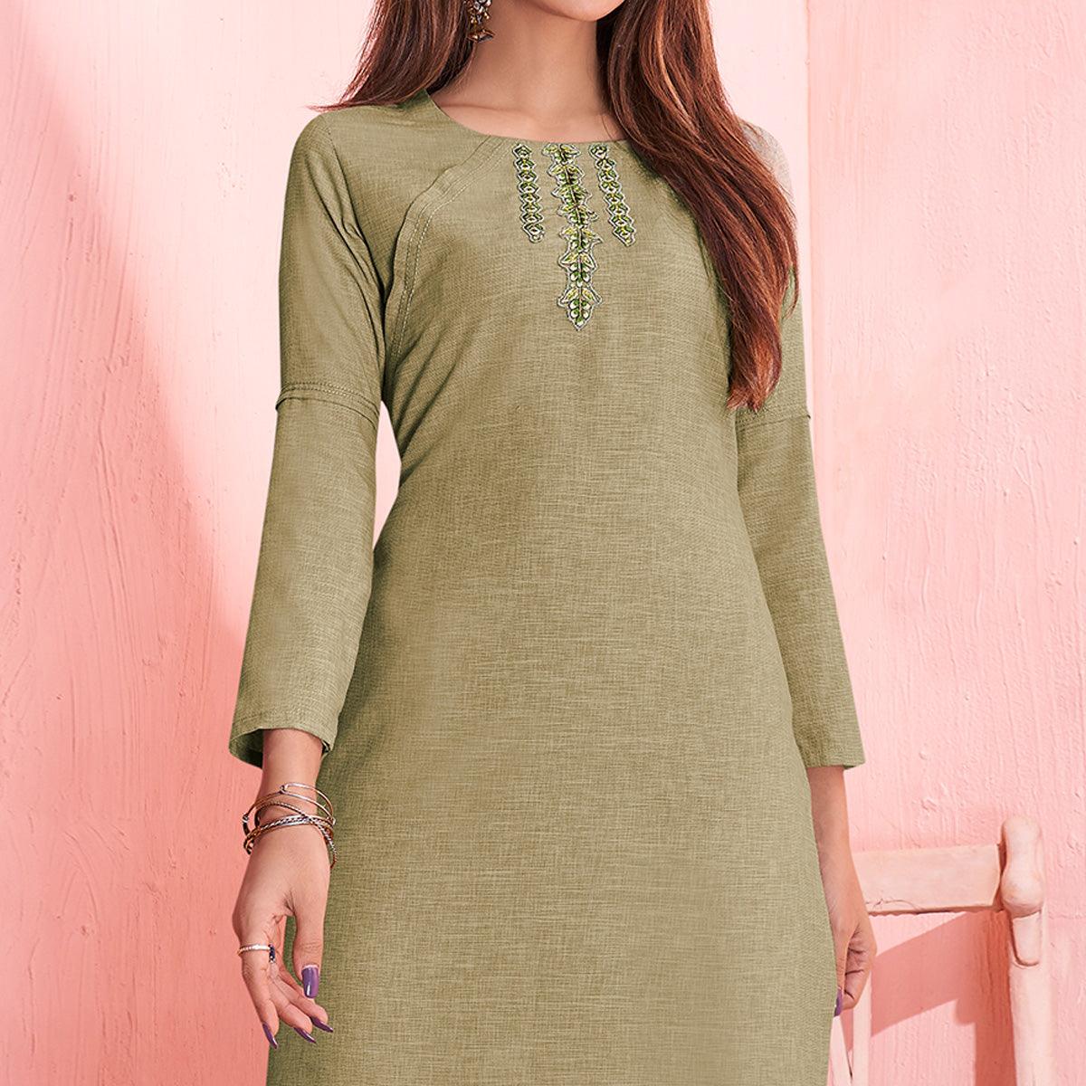 Charming Pastel Olive Green Colored Partywear Embroidered Rayon Kurti-Palazzo Set - Peachmode