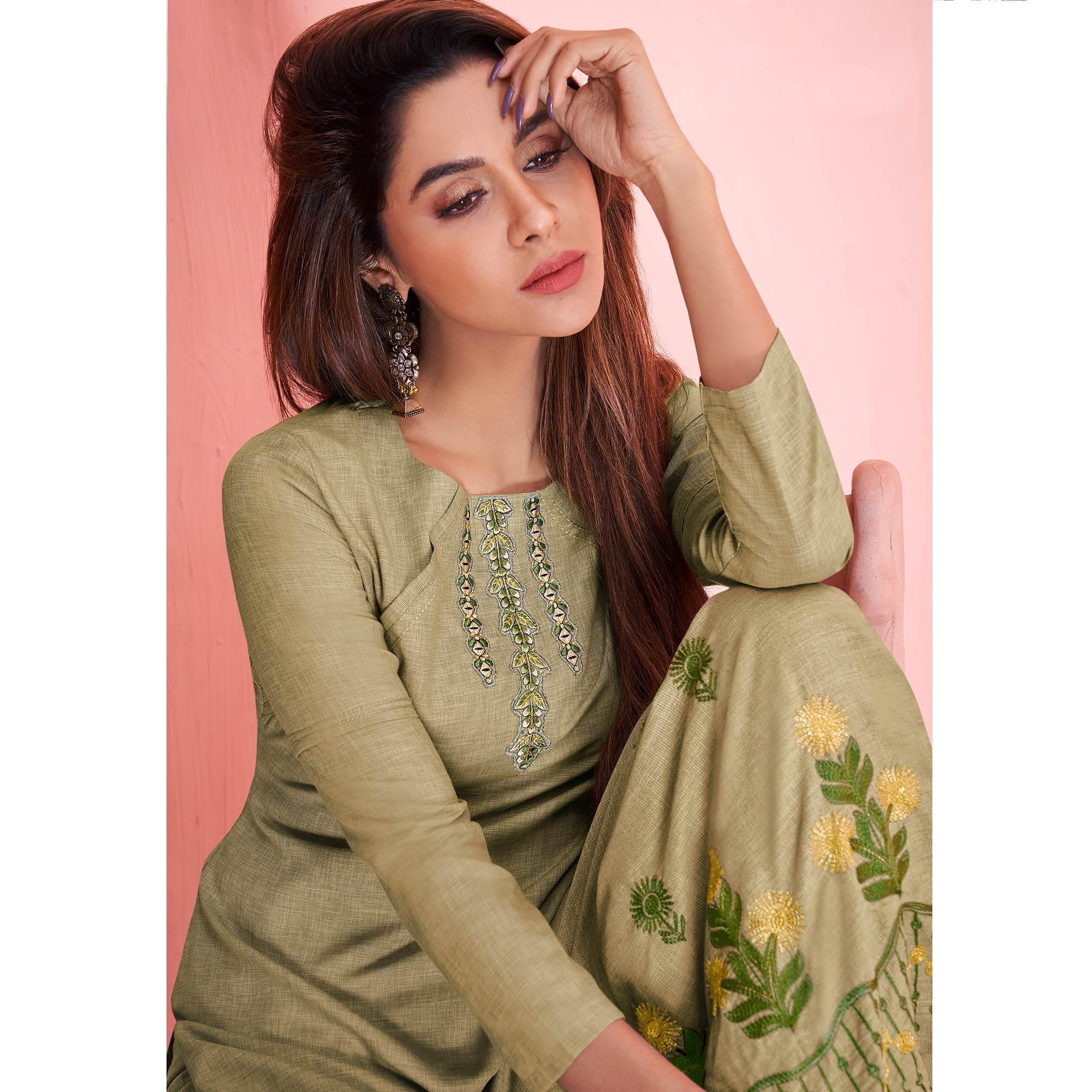 Charming Pastel Olive Green Colored Partywear Embroidered Rayon Kurti-Palazzo Set - Peachmode