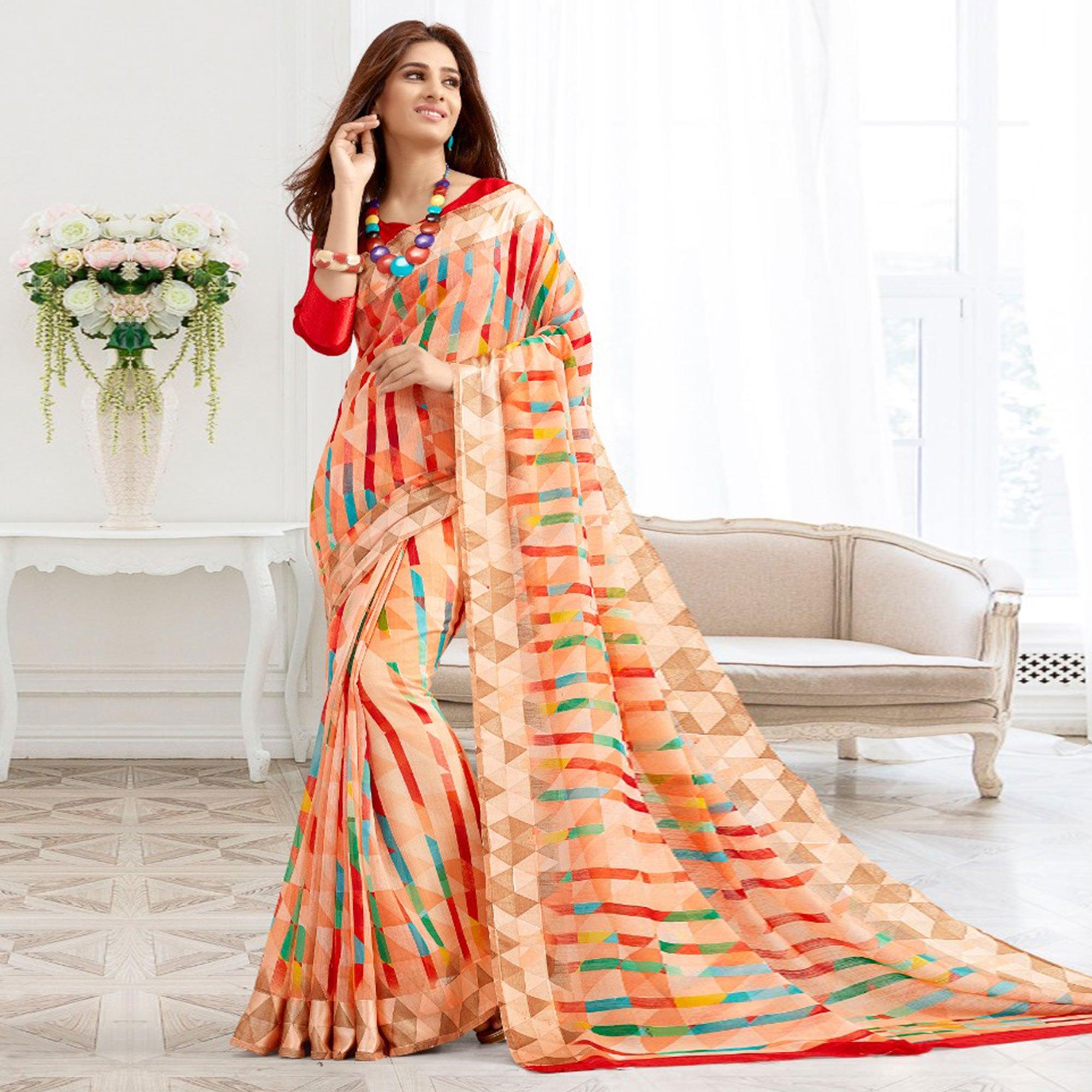 Charming Peach Colored Casual Printed Cotton Saree - Peachmode