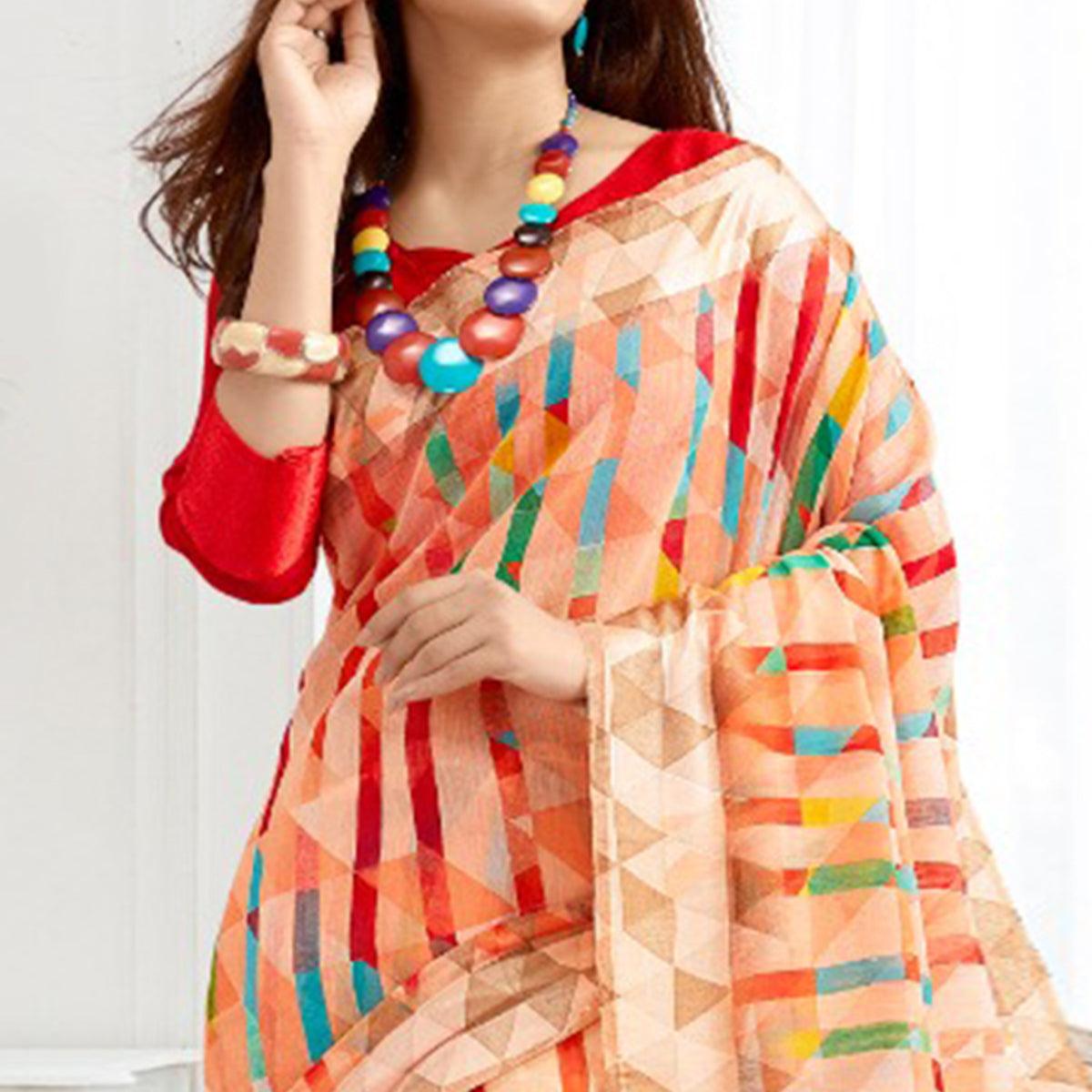 Charming Peach Colored Casual Printed Cotton Saree - Peachmode