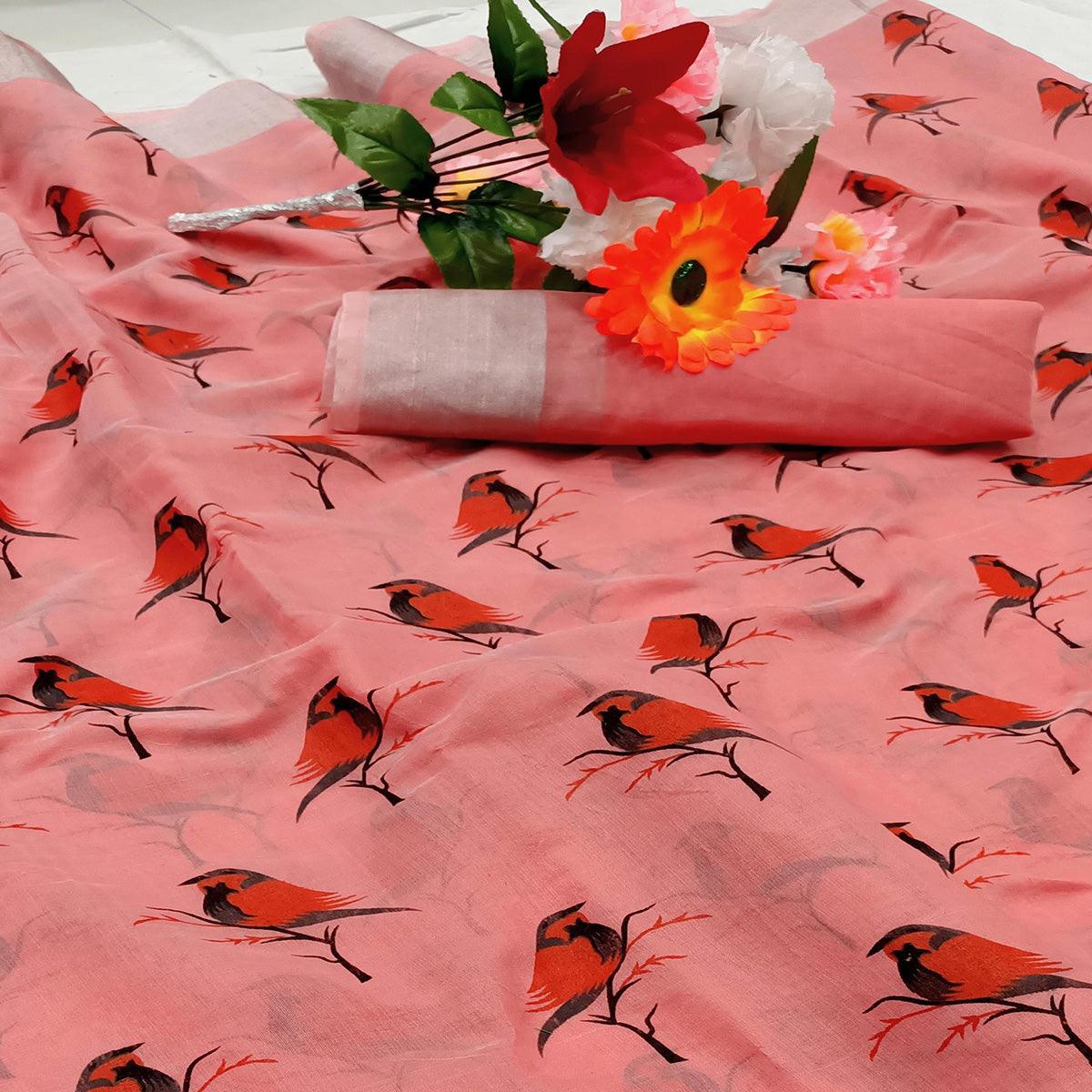 Charming Peach Colored Casual Wear Sparrow Block Printed Cotton Linen Saree - Peachmode