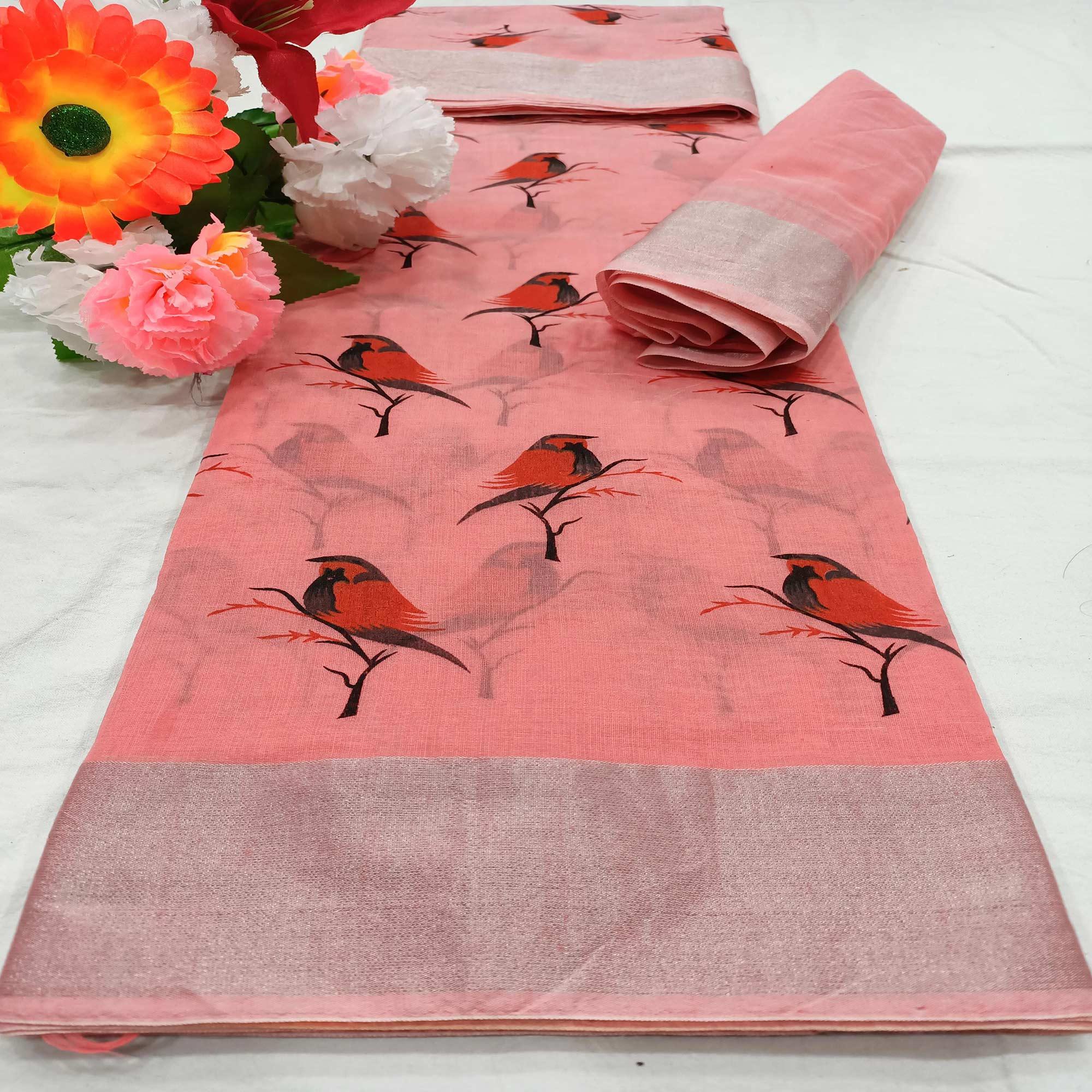 Charming Peach Colored Casual Wear Sparrow Block Printed Cotton Linen Saree - Peachmode