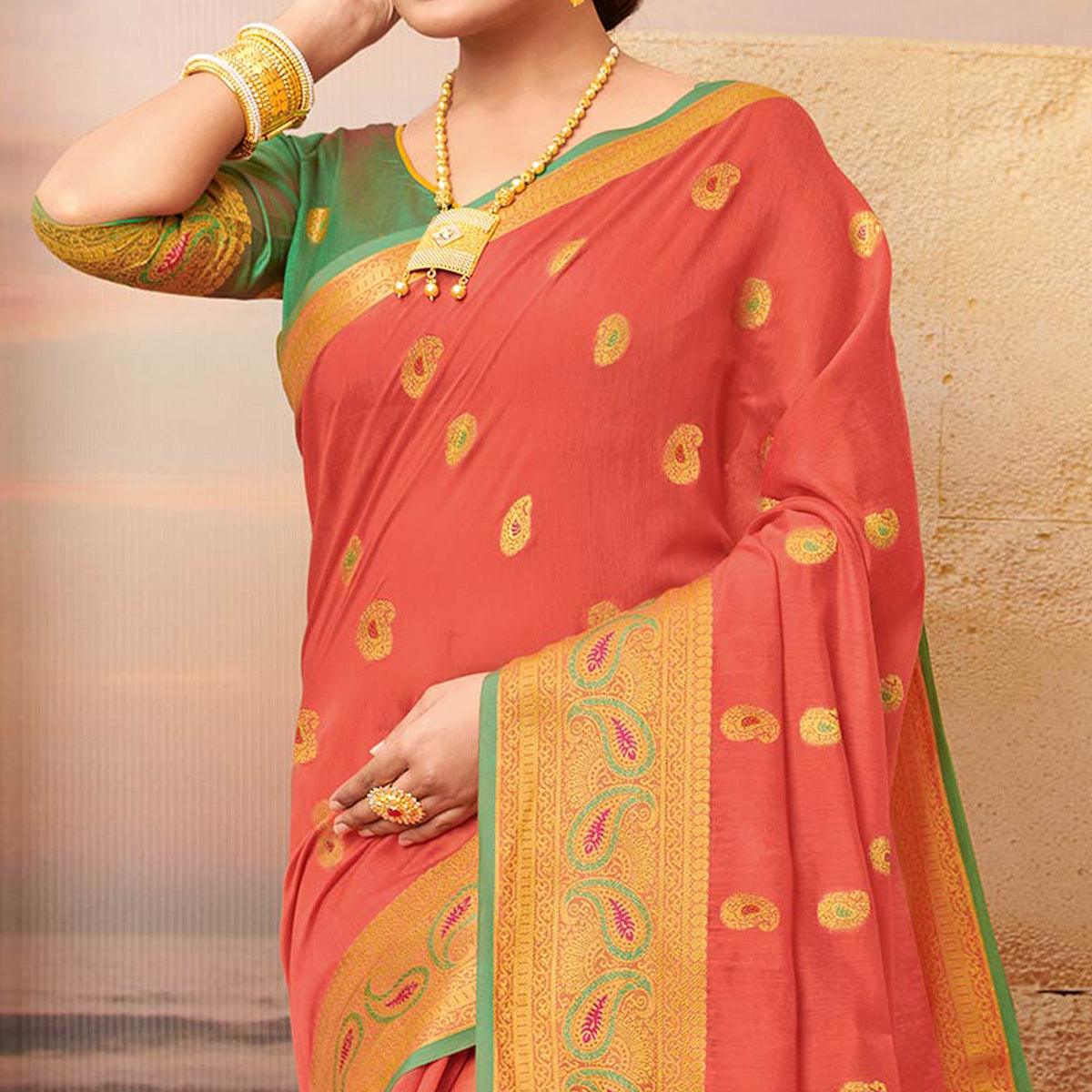 Charming Peach Colored Festive Wear Woven Cotton Saree - Peachmode