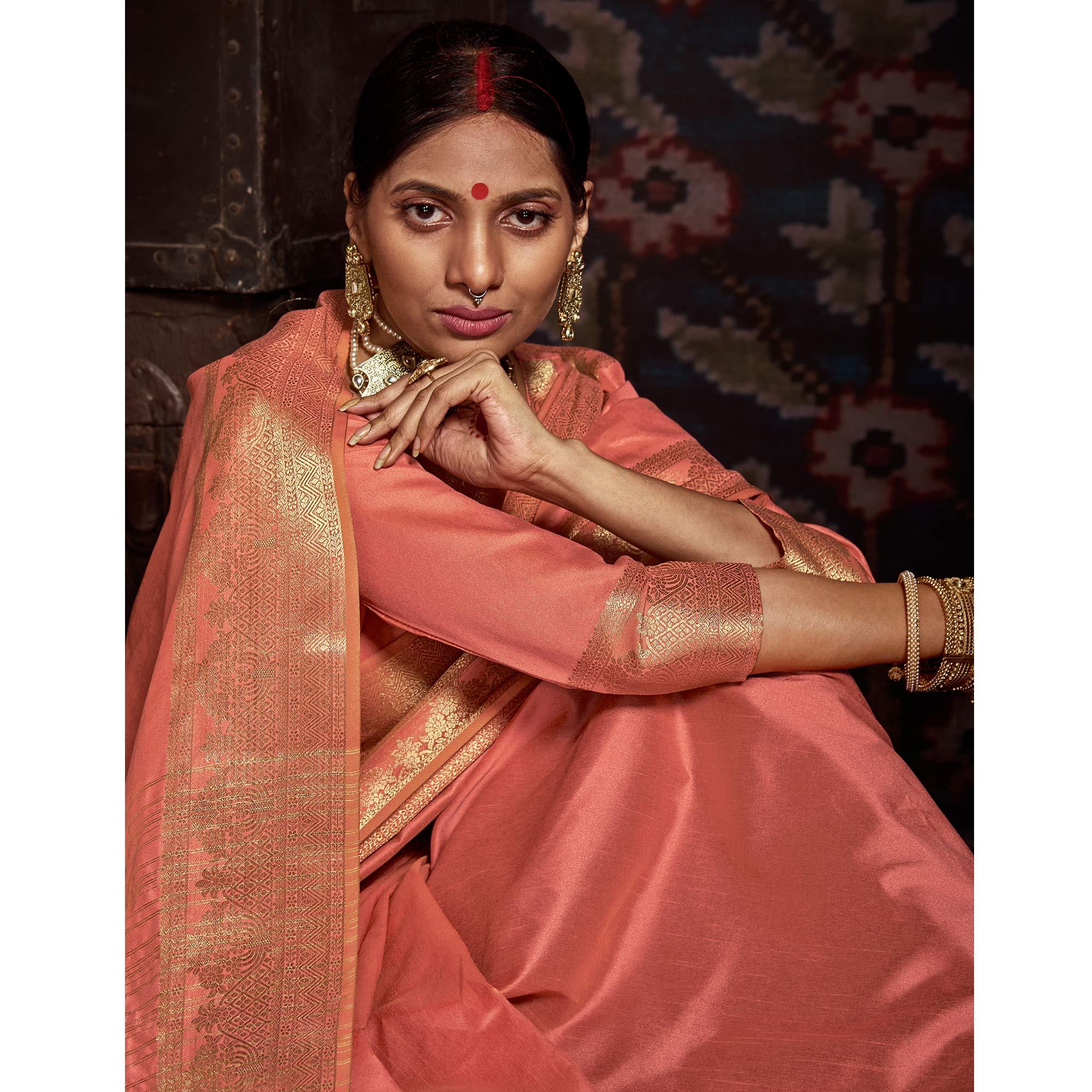 Charming Peach Colored Festive Wear Woven Silk Saree - Peachmode